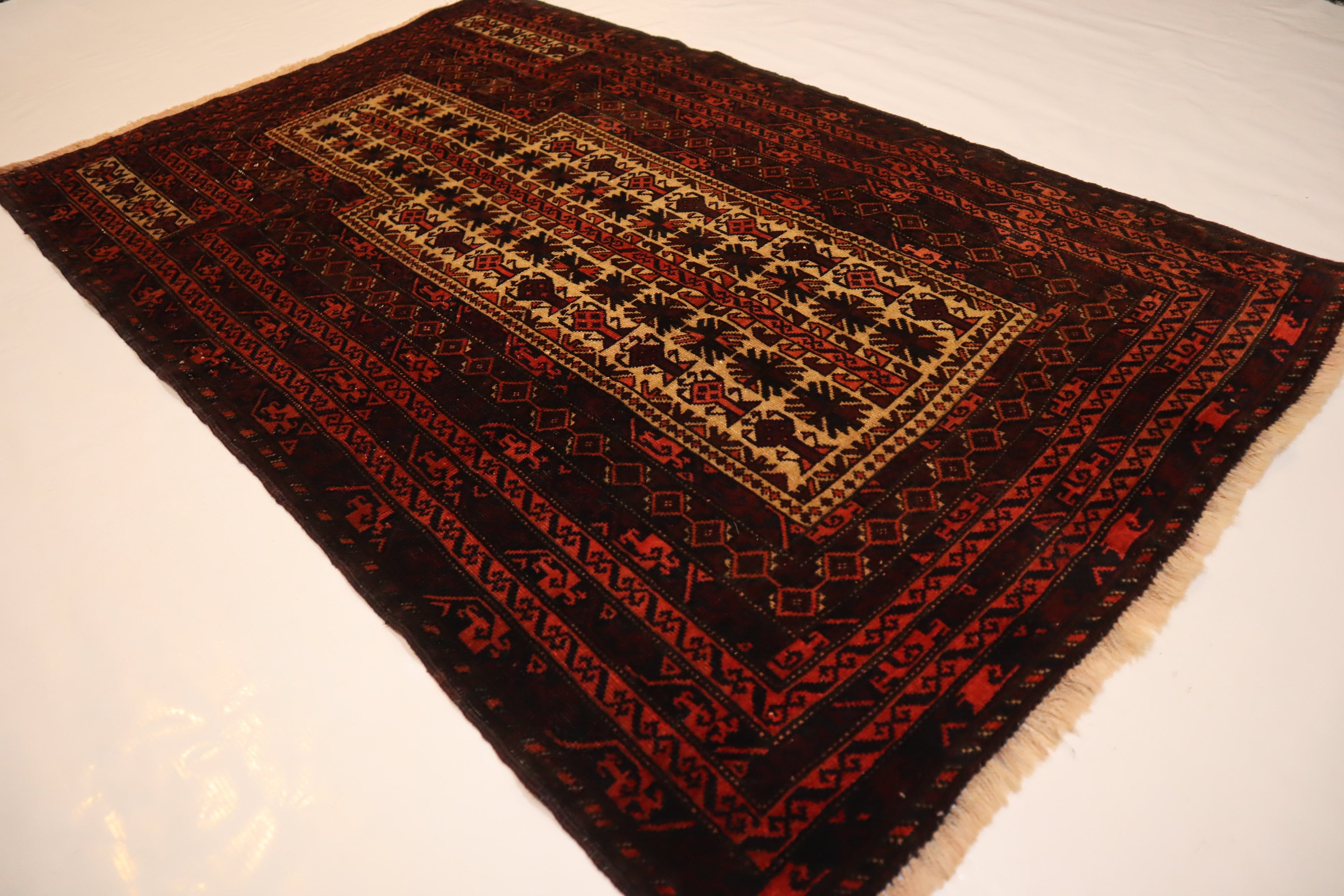Vintage Handmade Afghan Wool Prayer Rug - Soft Pile Turkmen Tribal Area Carpet