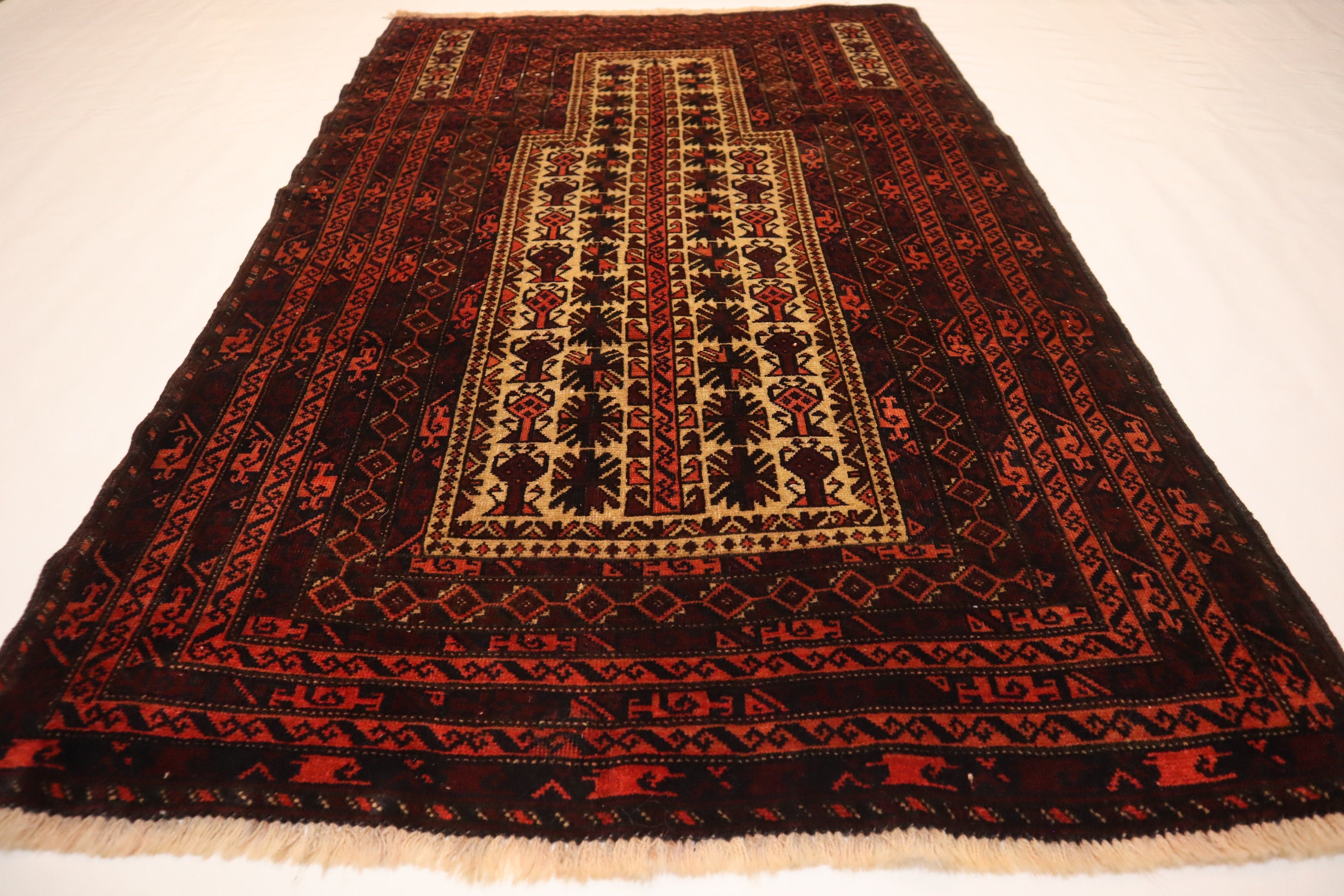 Vintage Handmade Afghan Wool Prayer Rug - Soft Pile Turkmen Tribal Area Carpet