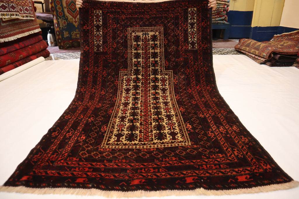 Vintage Handmade Afghan Wool Prayer Rug - Soft Pile Turkmen Tribal Area Carpet