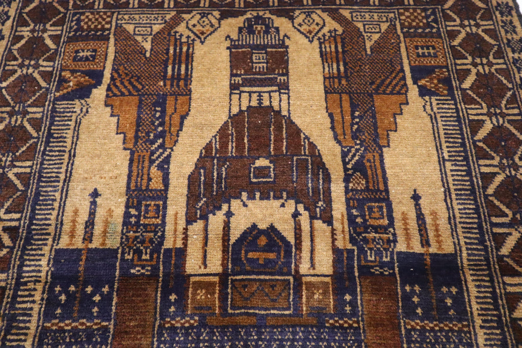 Hand-Knotted Vintage Afghan Prayer Rug - Soft Wool, Organic Dyes, 3x5 Feet