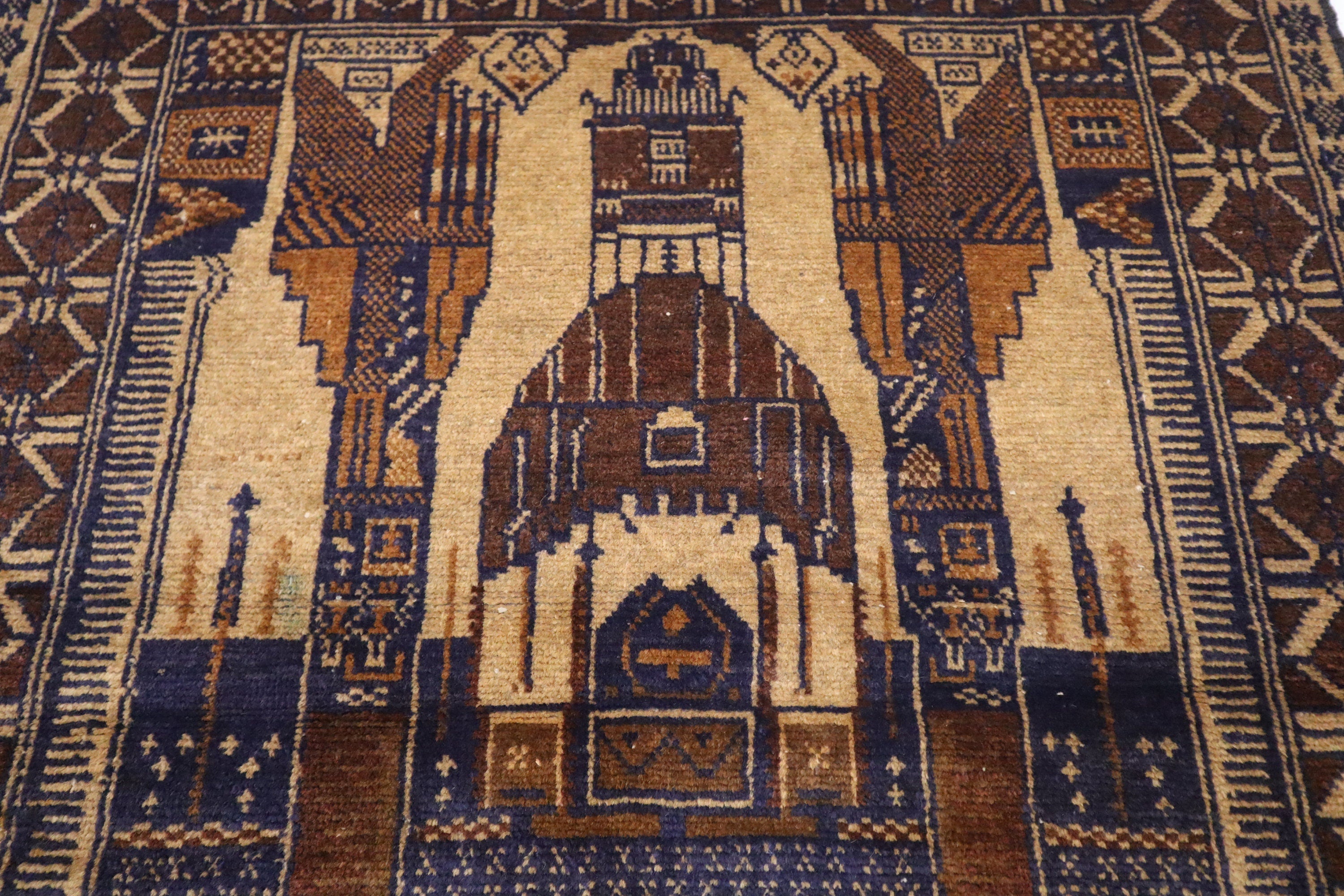 Hand-Knotted Vintage Afghan Prayer Rug - Soft Wool, Organic Dyes, 3x5 Feet