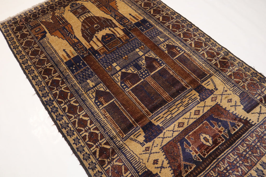 Hand-Knotted Vintage Afghan Prayer Rug - Soft Wool, Organic Dyes, 3x5 Feet