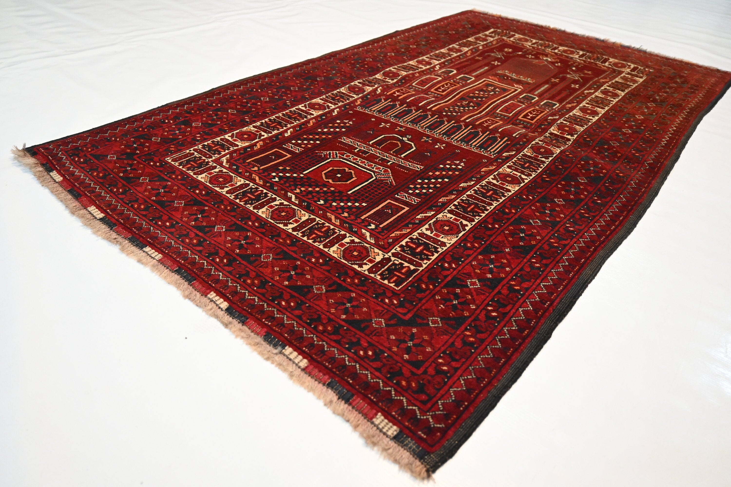 Vintage Afghan Prayer Rug Hand-Knotted Wool 3'3x5'6 ft Antique Nomadic Turkmen