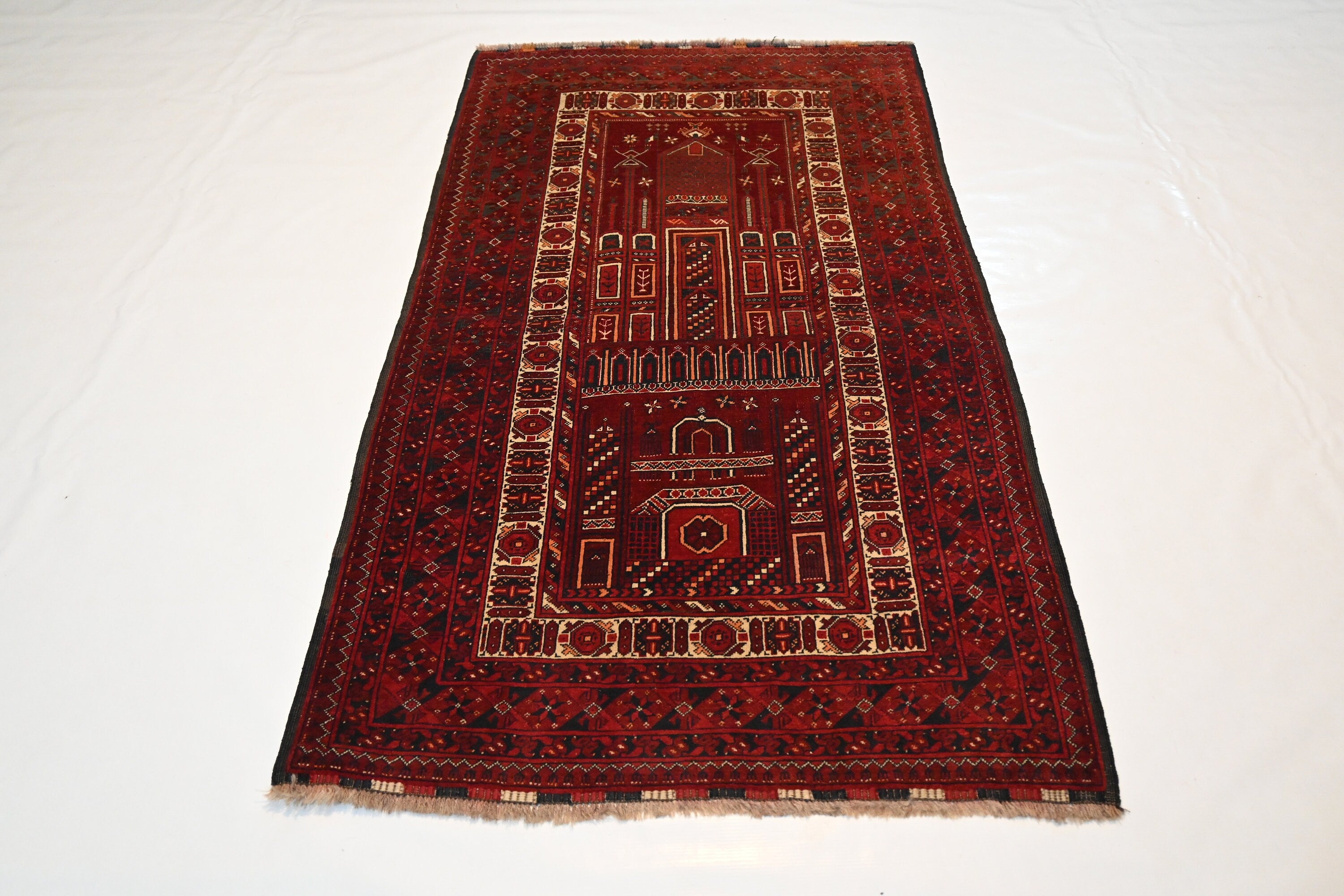 Vintage Afghan Prayer Rug Hand-Knotted Wool 3'3x5'6 ft Antique Nomadic Turkmen