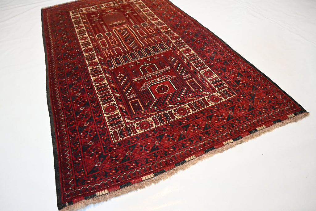 Vintage Afghan Prayer Rug Hand-Knotted Wool 3'3x5'6 ft Antique Nomadic Turkmen