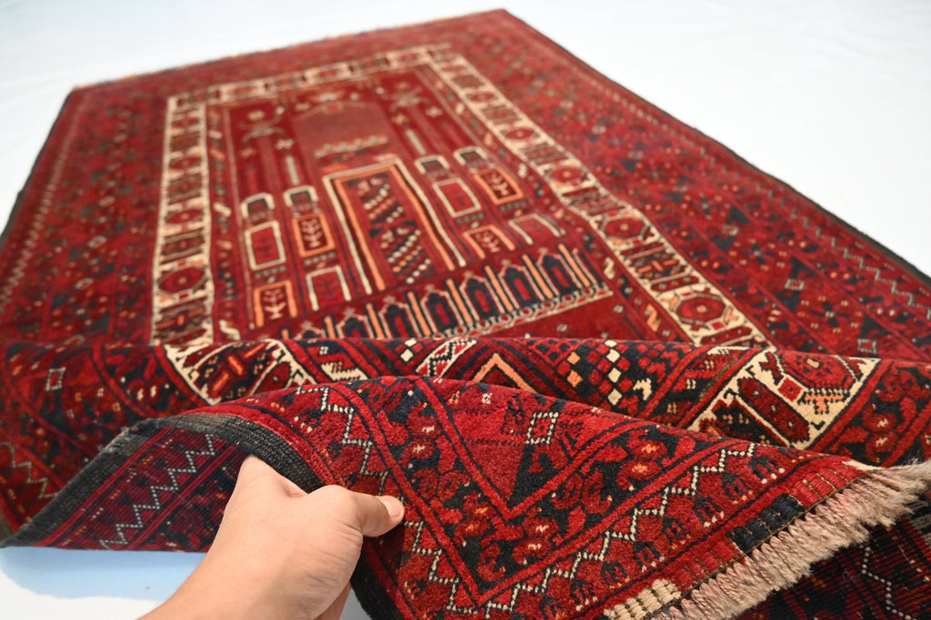 Vintage Afghan Prayer Rug Hand-Knotted Wool 3'3x5'6 ft Antique Nomadic Turkmen