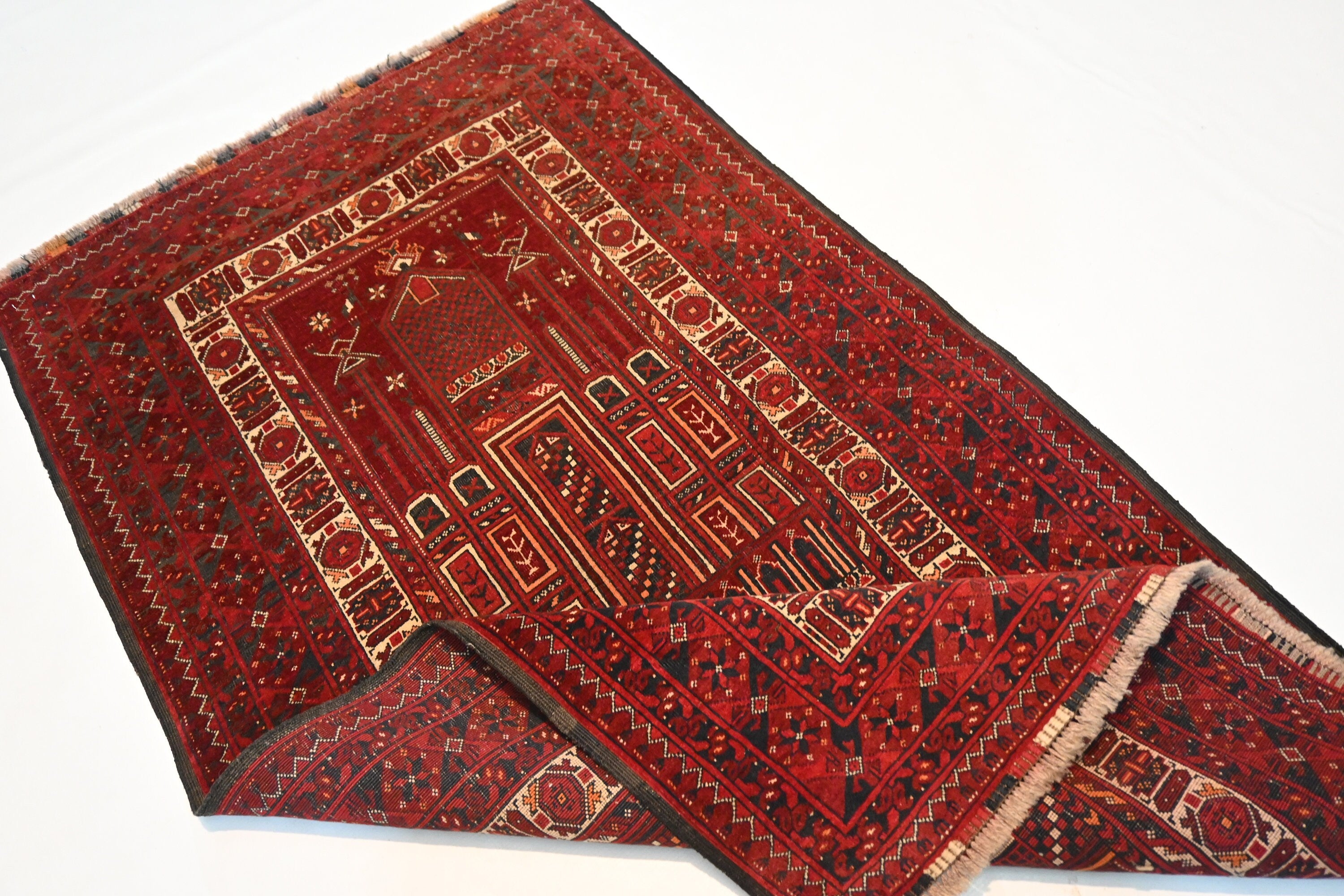 Vintage Afghan Prayer Rug Hand-Knotted Wool 3'3x5'6 ft Antique Nomadic Turkmen