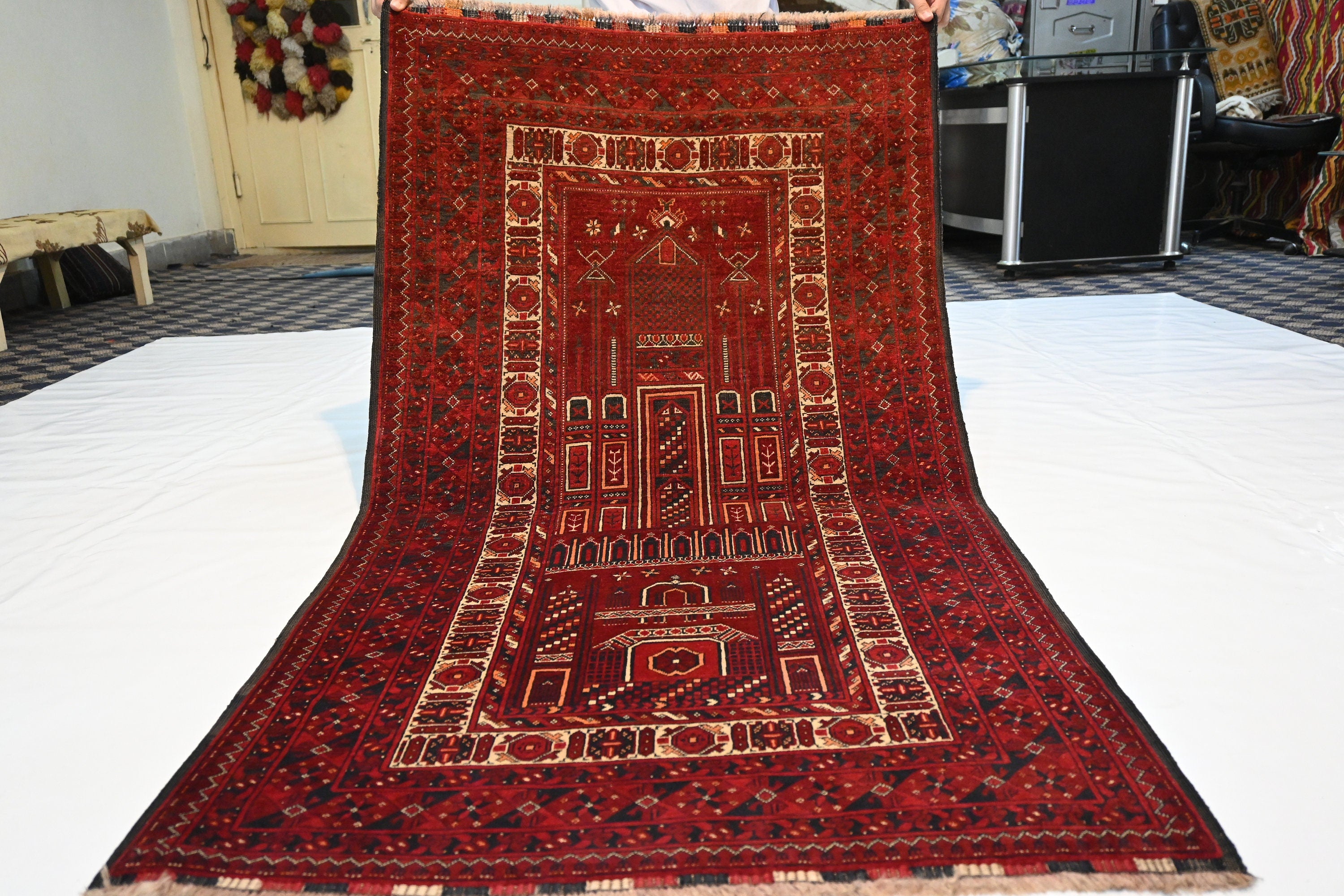 Vintage Afghan Prayer Rug Hand-Knotted Wool 3'3x5'6 ft Antique Nomadic Turkmen