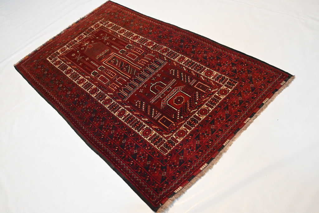 Vintage Afghan Prayer Rug Hand-Knotted Wool 3'3x5'6 ft Antique Nomadic Turkmen