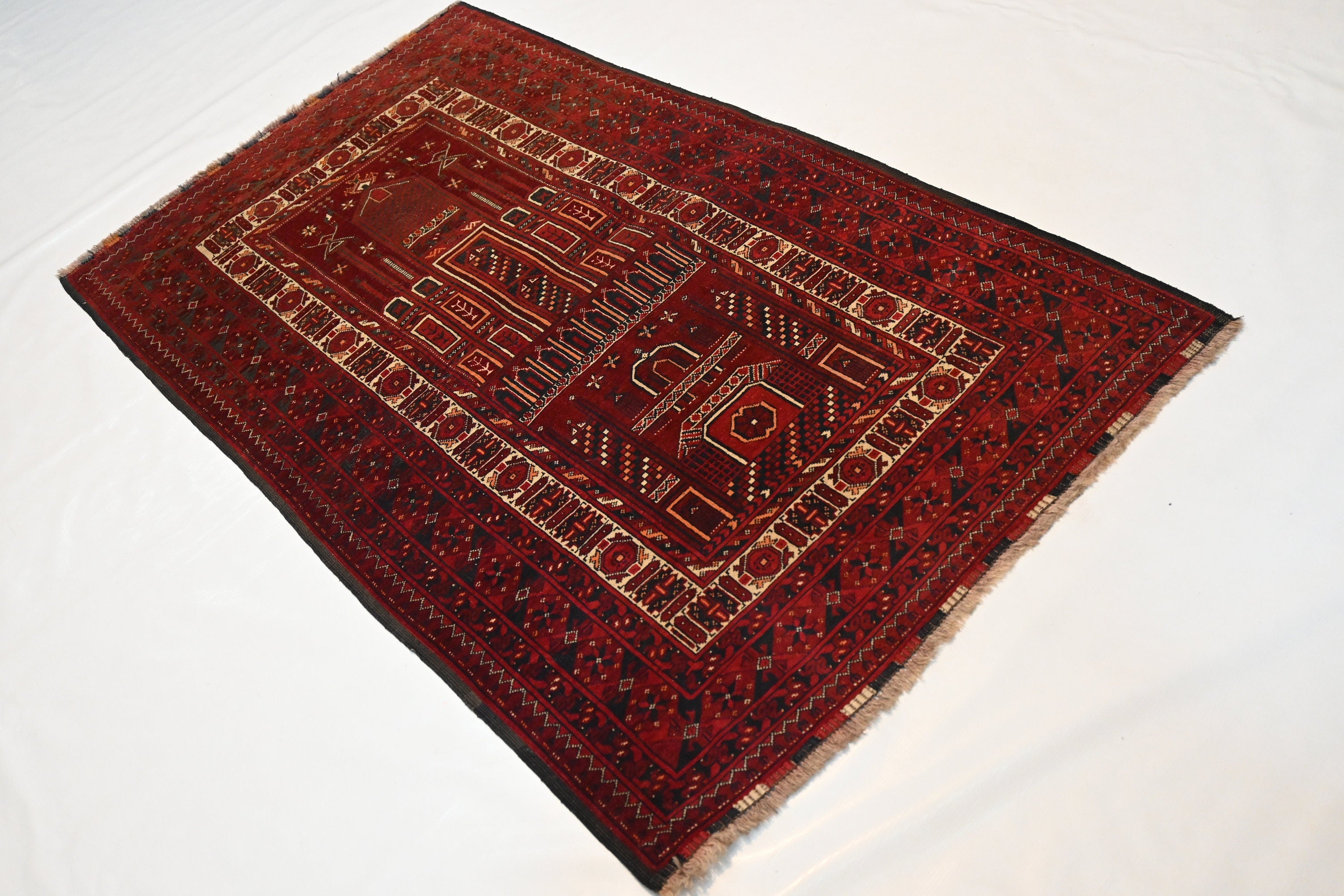 Vintage Afghan Prayer Rug Hand-Knotted Wool 3'3x5'6 ft Antique Nomadic Turkmen