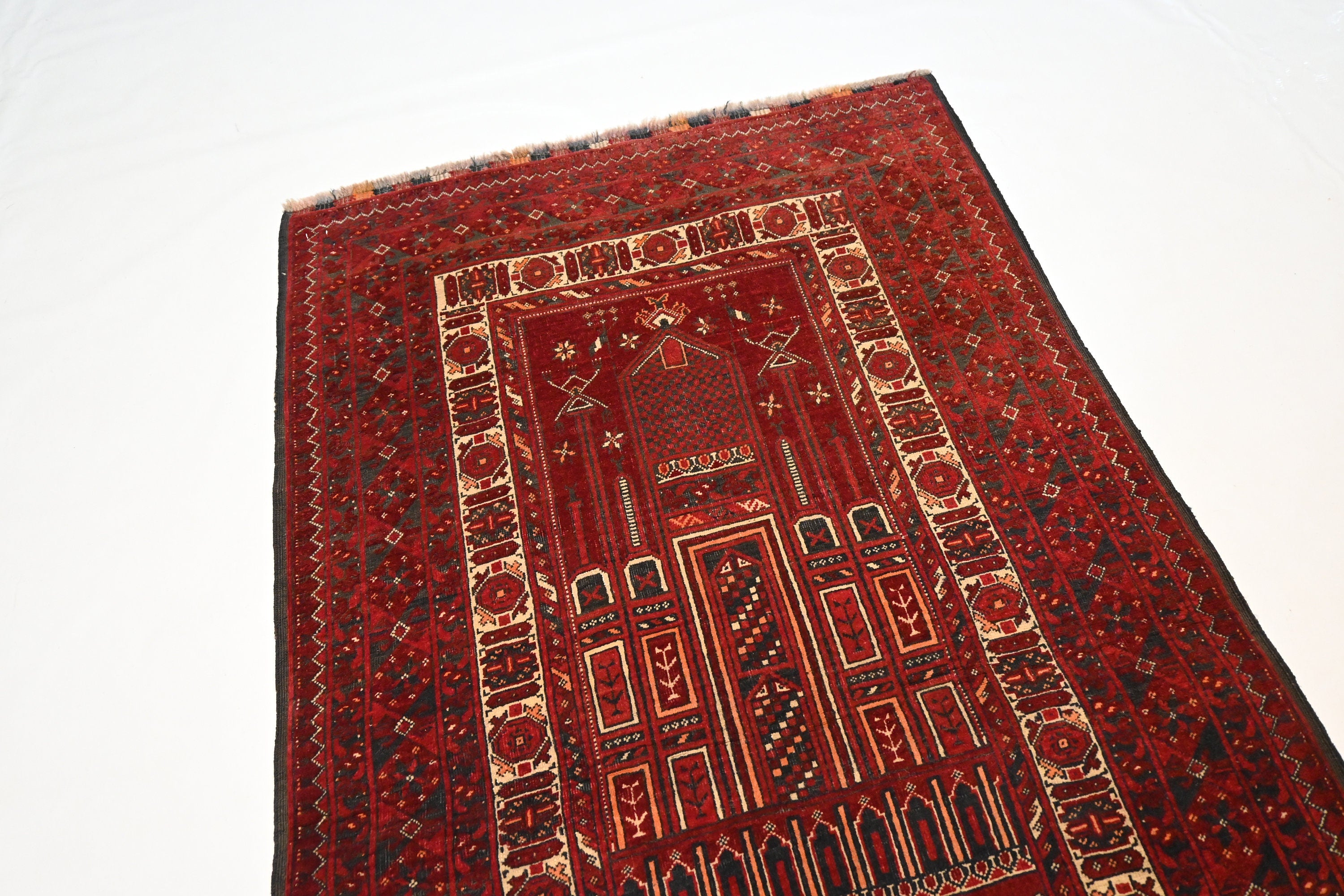 Vintage Afghan Prayer Rug Hand-Knotted Wool 3'3x5'6 ft Antique Nomadic Turkmen