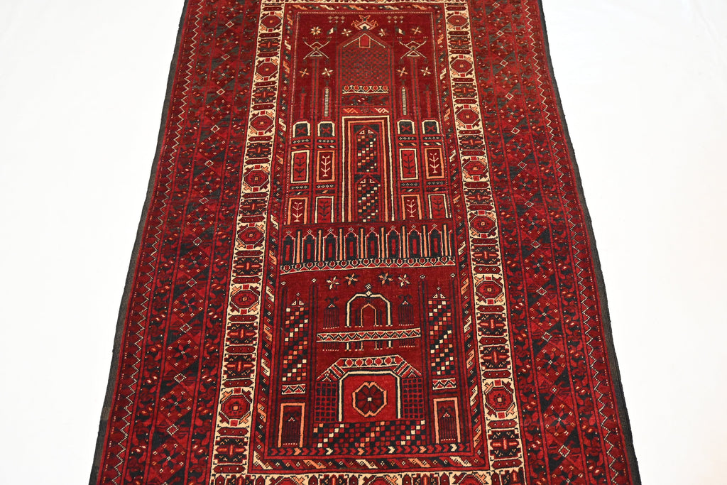 Vintage Afghan Prayer Rug Hand-Knotted Wool 3'3x5'6 ft Antique Nomadic Turkmen