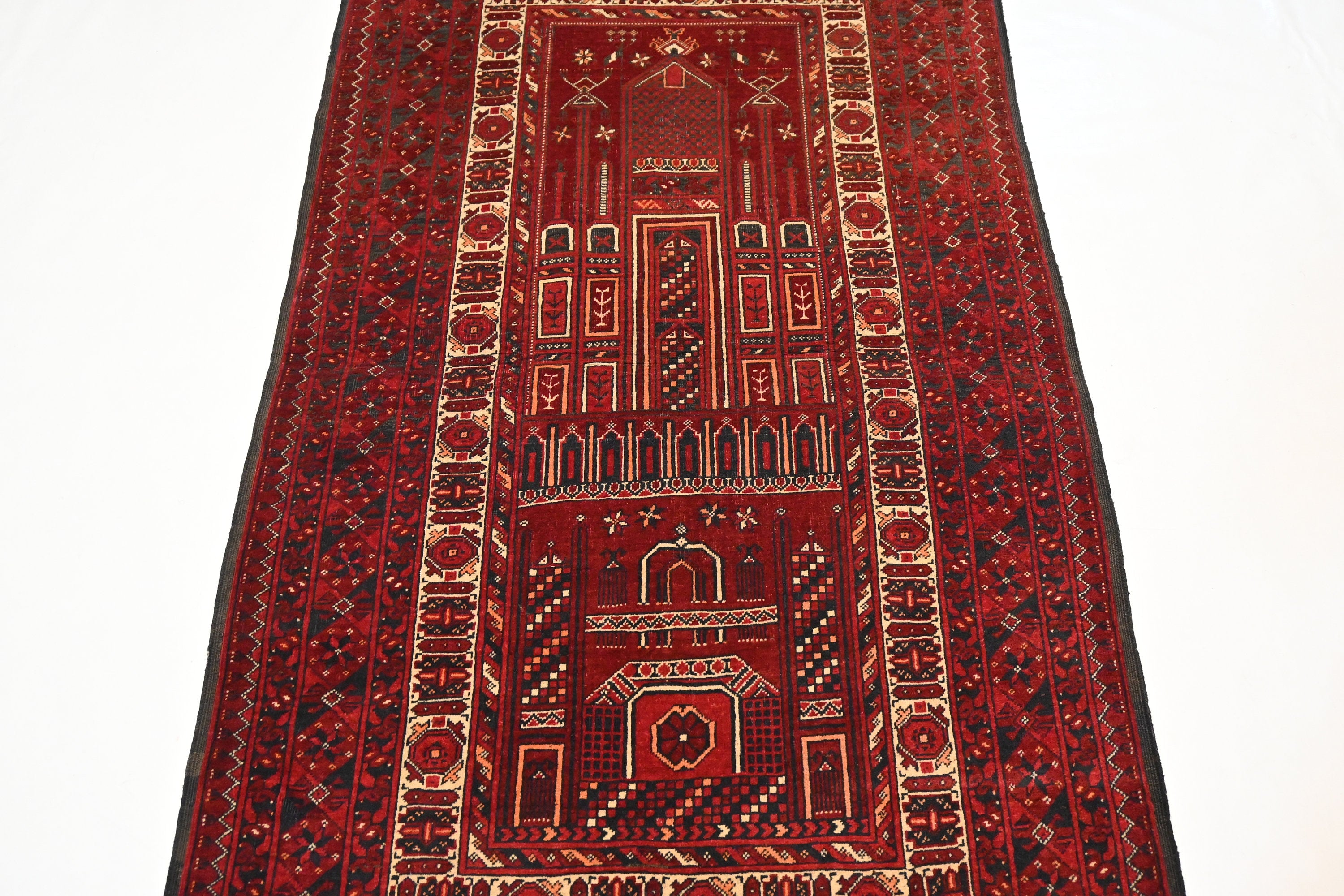 Vintage Afghan Prayer Rug Hand-Knotted Wool 3'3x5'6 ft Antique Nomadic Turkmen