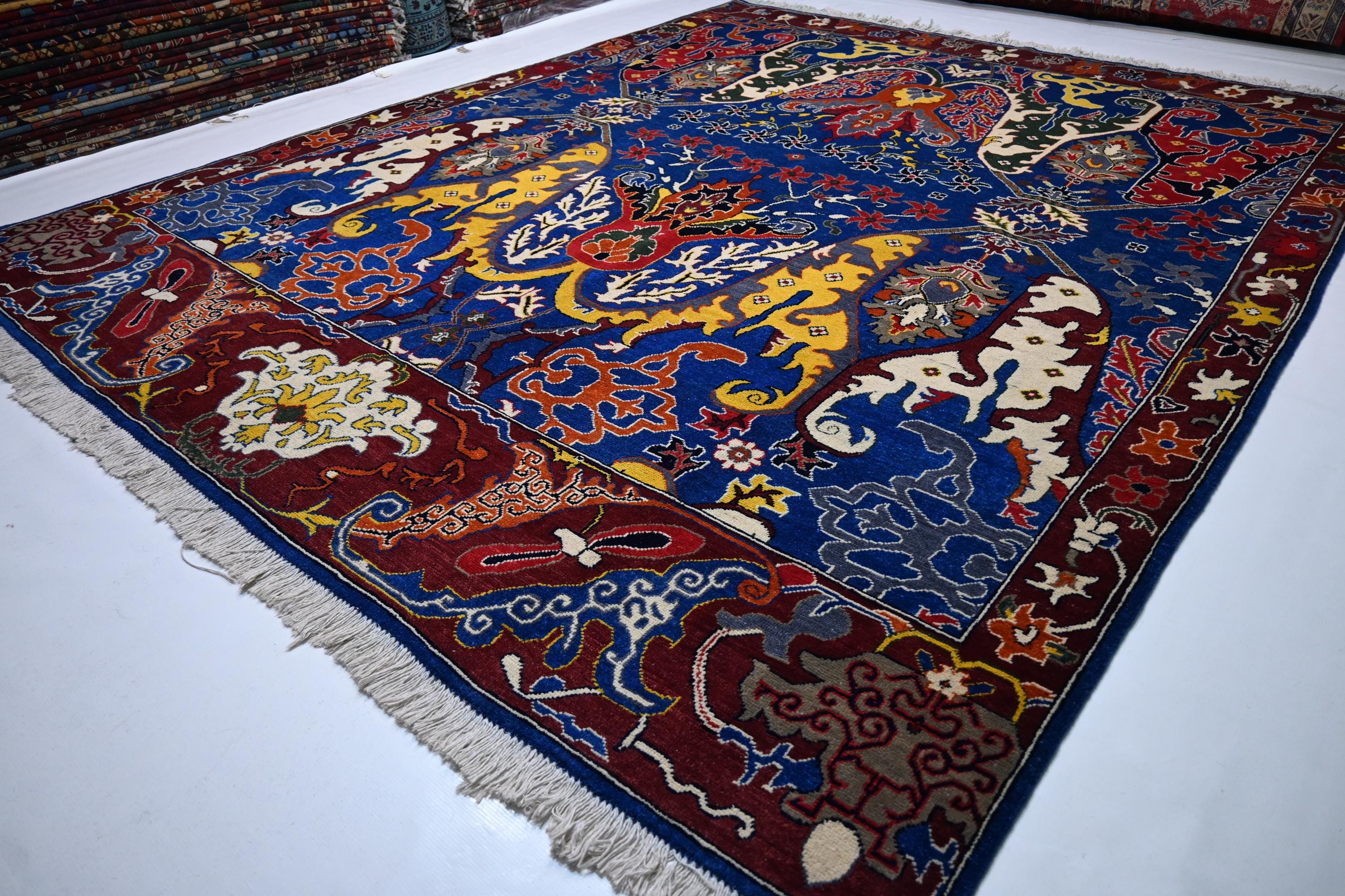 Exquisite Rich Blue Afghan Handmade Wool Bijdar Area Rug 8x10 Feet