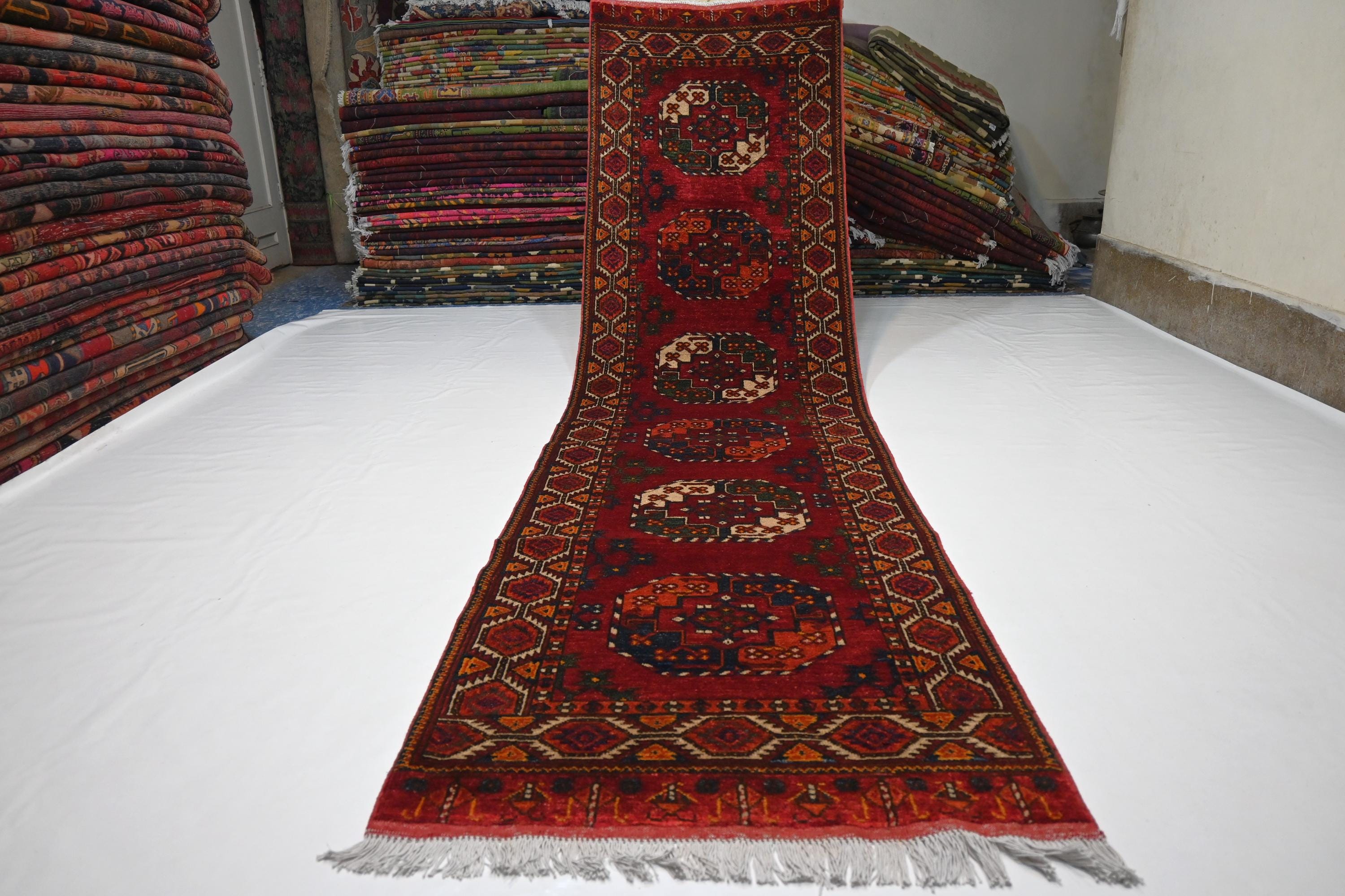 Exquisite 10 Ft Red Tekke Ersari Turkmen Handmade Wool Hallway Runner Rug
