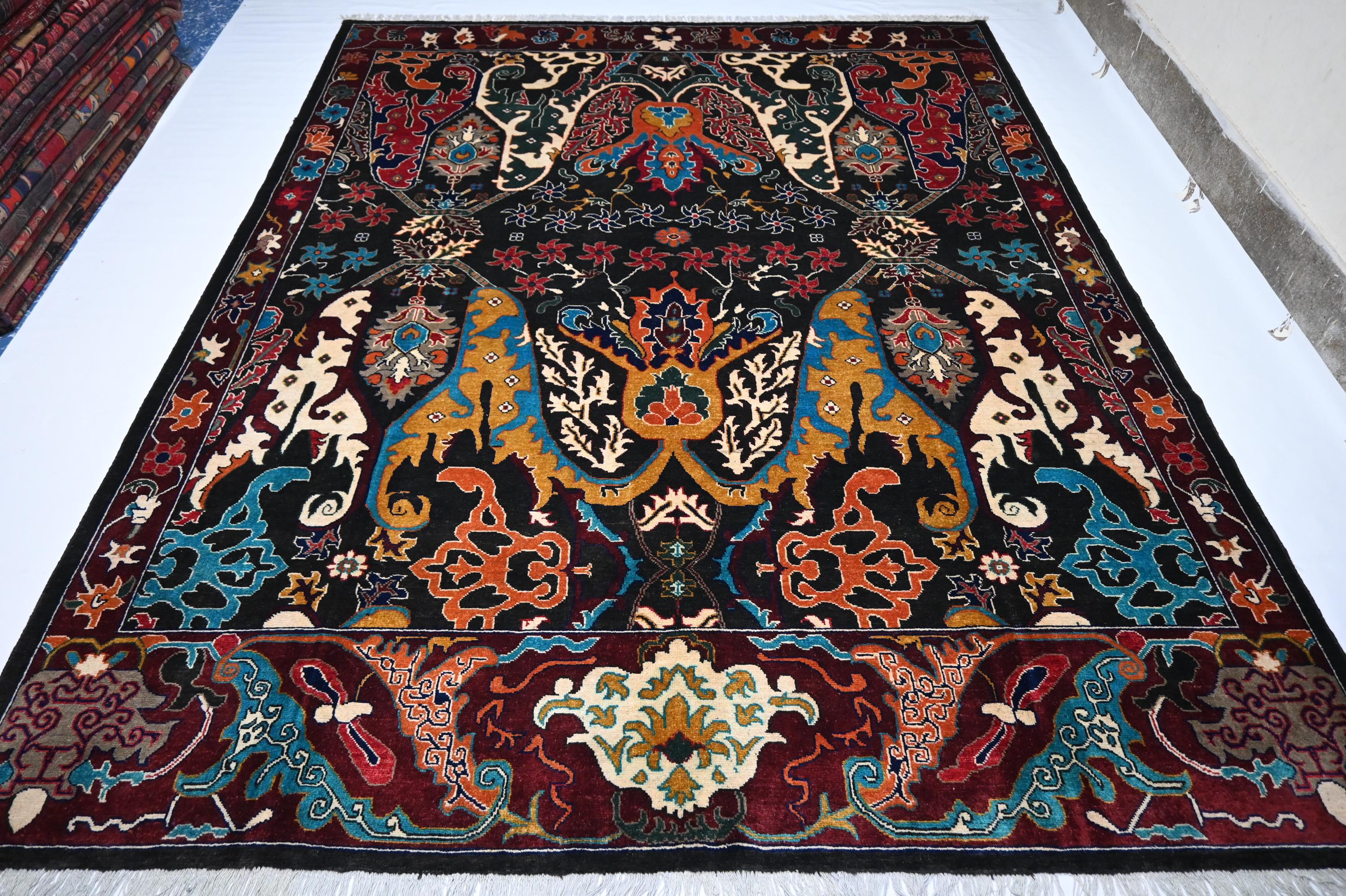 8x10 Black Serapi Rug, Fine Afghan Wool, Handmade Oriental Living Room Decor