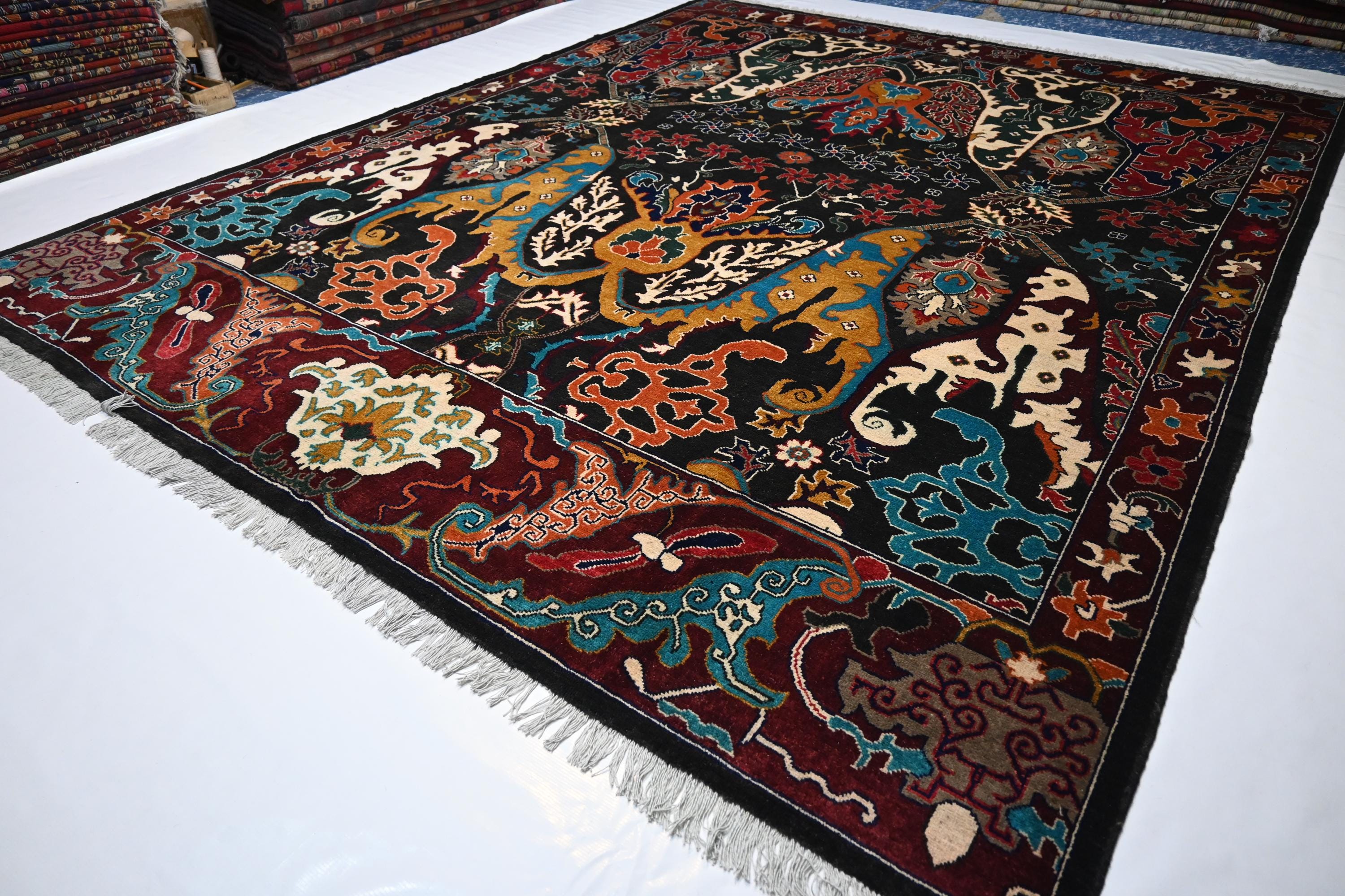 8x10 Black Serapi Rug, Fine Afghan Wool, Handmade Oriental Living Room Decor