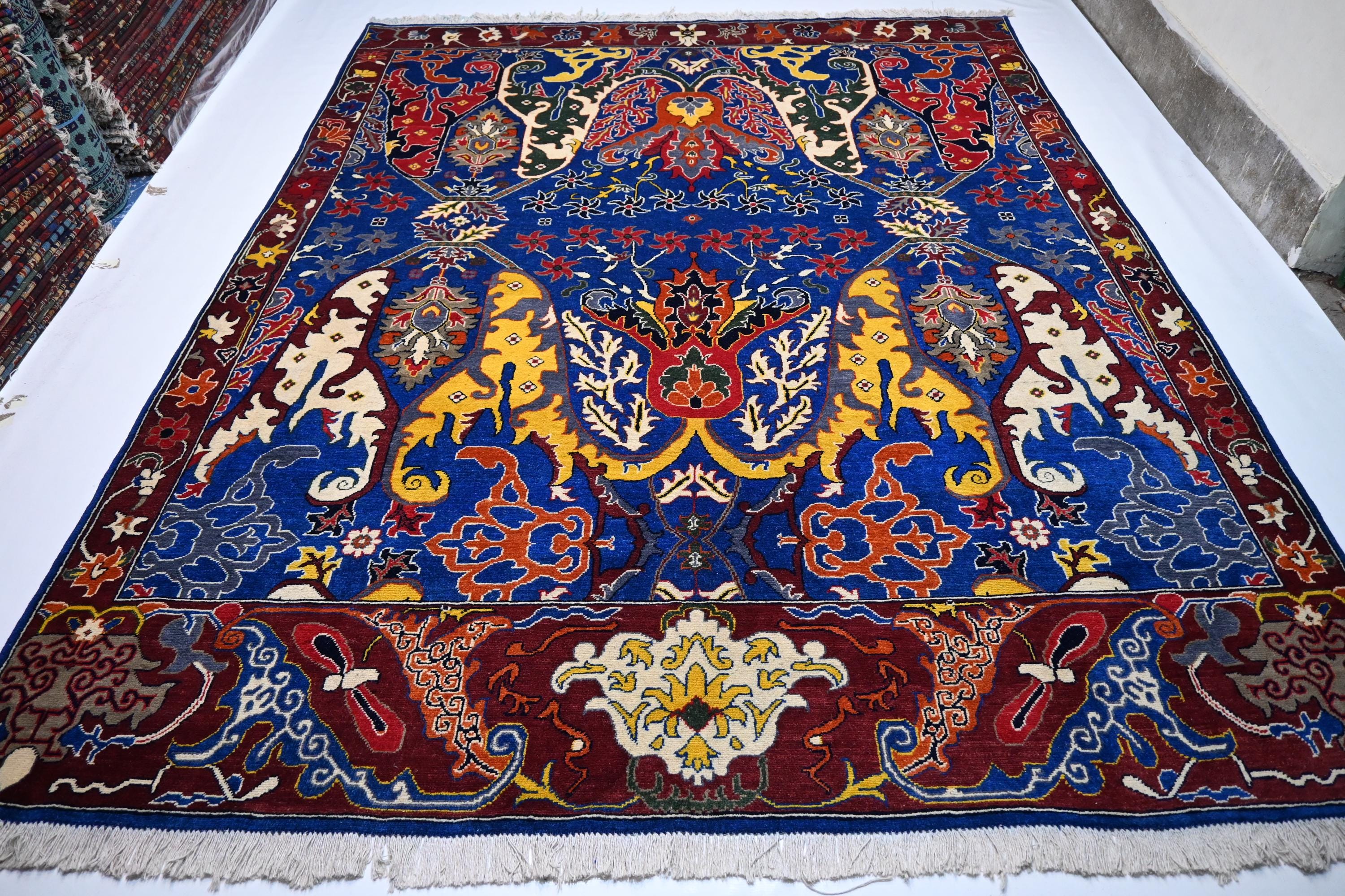 Exquisite Rich Blue Afghan Handmade Wool Bijdar Area Rug 8x10 Feet