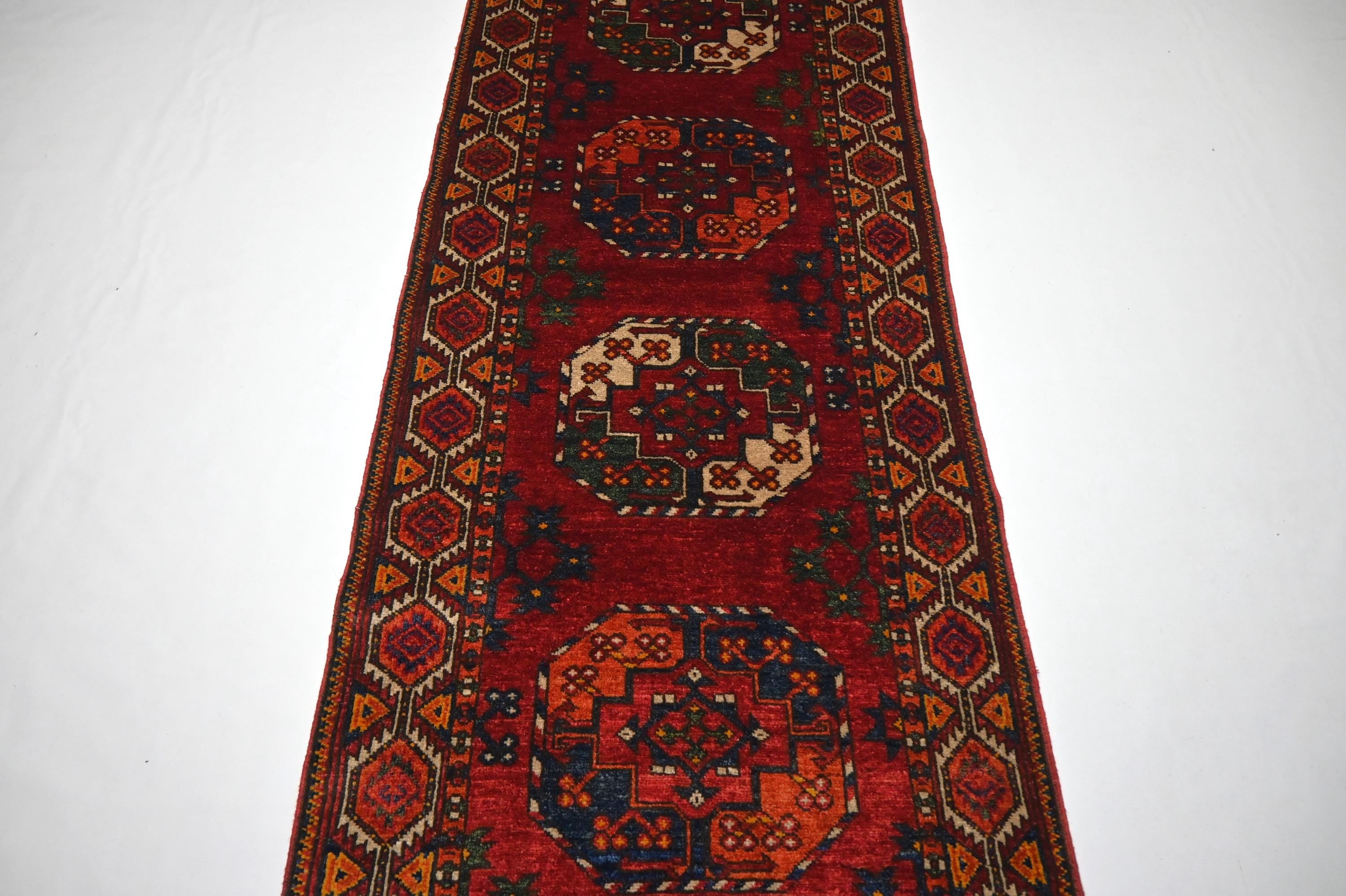 Exquisite 10 Ft Red Tekke Ersari Turkmen Handmade Wool Hallway Runner Rug