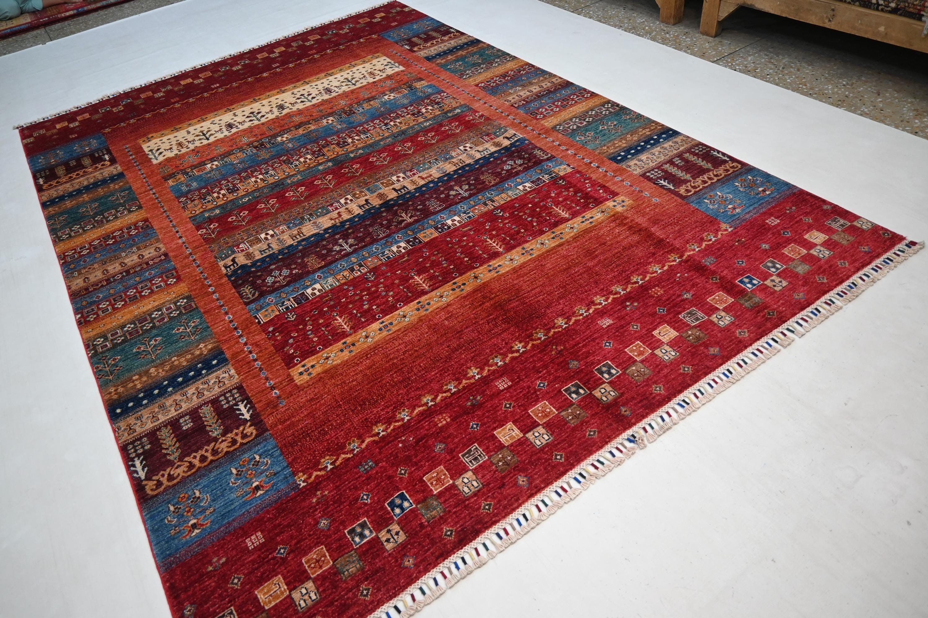 Luxurious 7x10 Red Gabbeh Afghan Handmade Wool Area Rug for Living Room
