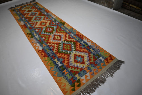 Handmade Afghan Kilim Runner Rug: Geometric Flatweave Wool for Hallways Kitchens