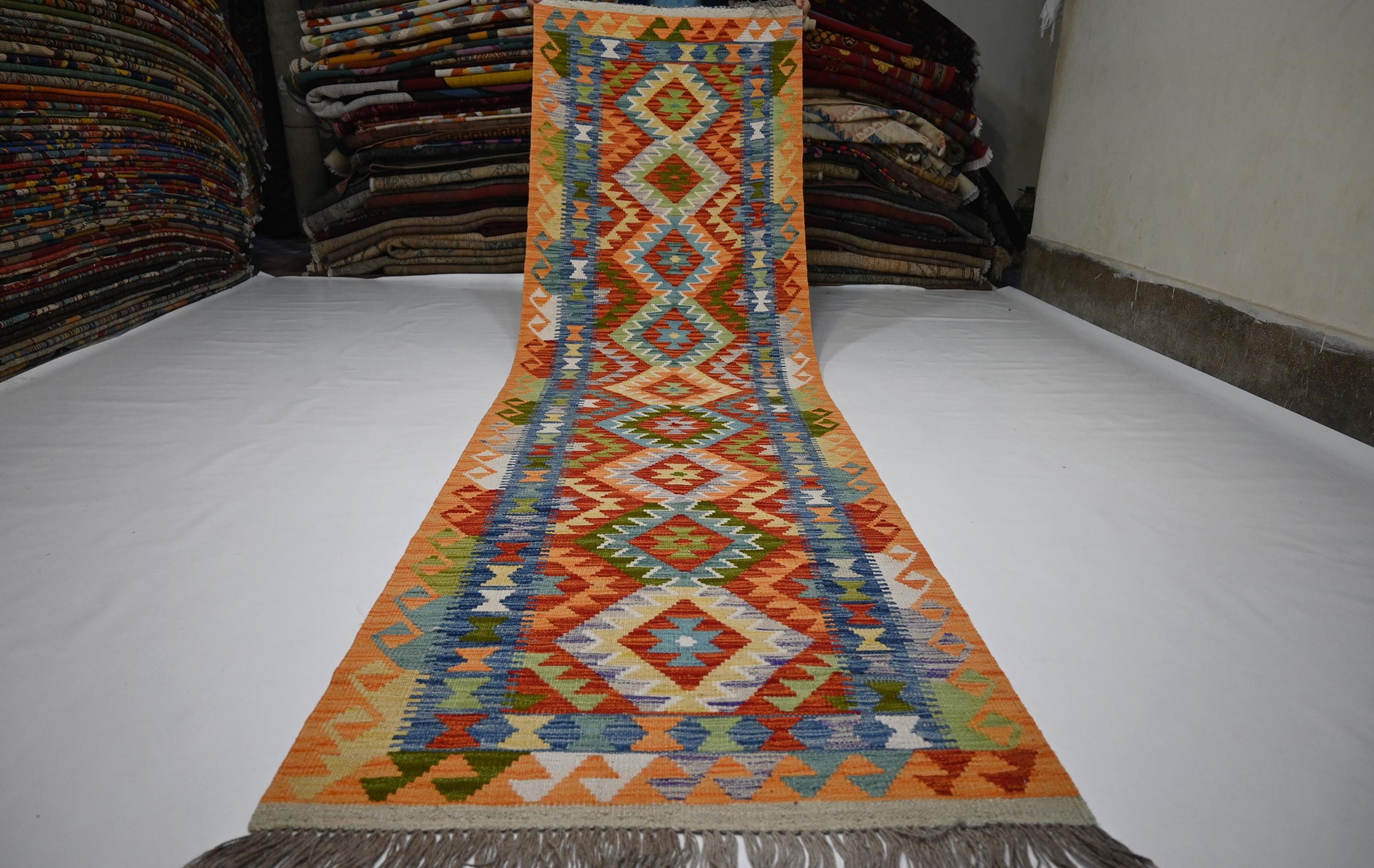 Handmade Afghan Kilim Runner Rug: Geometric Flatweave Wool for Hallways Kitchens