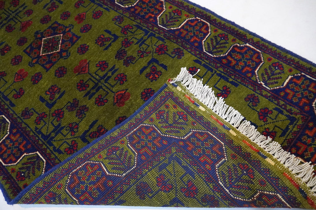 Exquisite Green Bukhara Afghan Hand-Knotted Wool Runner Rug 2'5x6'10 ft