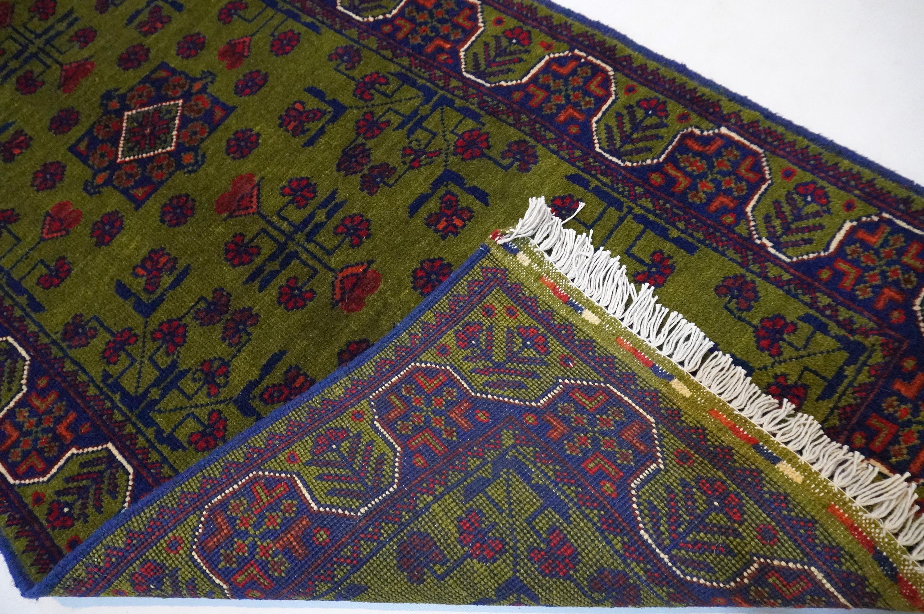 Exquisite Green Bukhara Afghan Hand-Knotted Wool Runner Rug 2'5x6'10 ft
