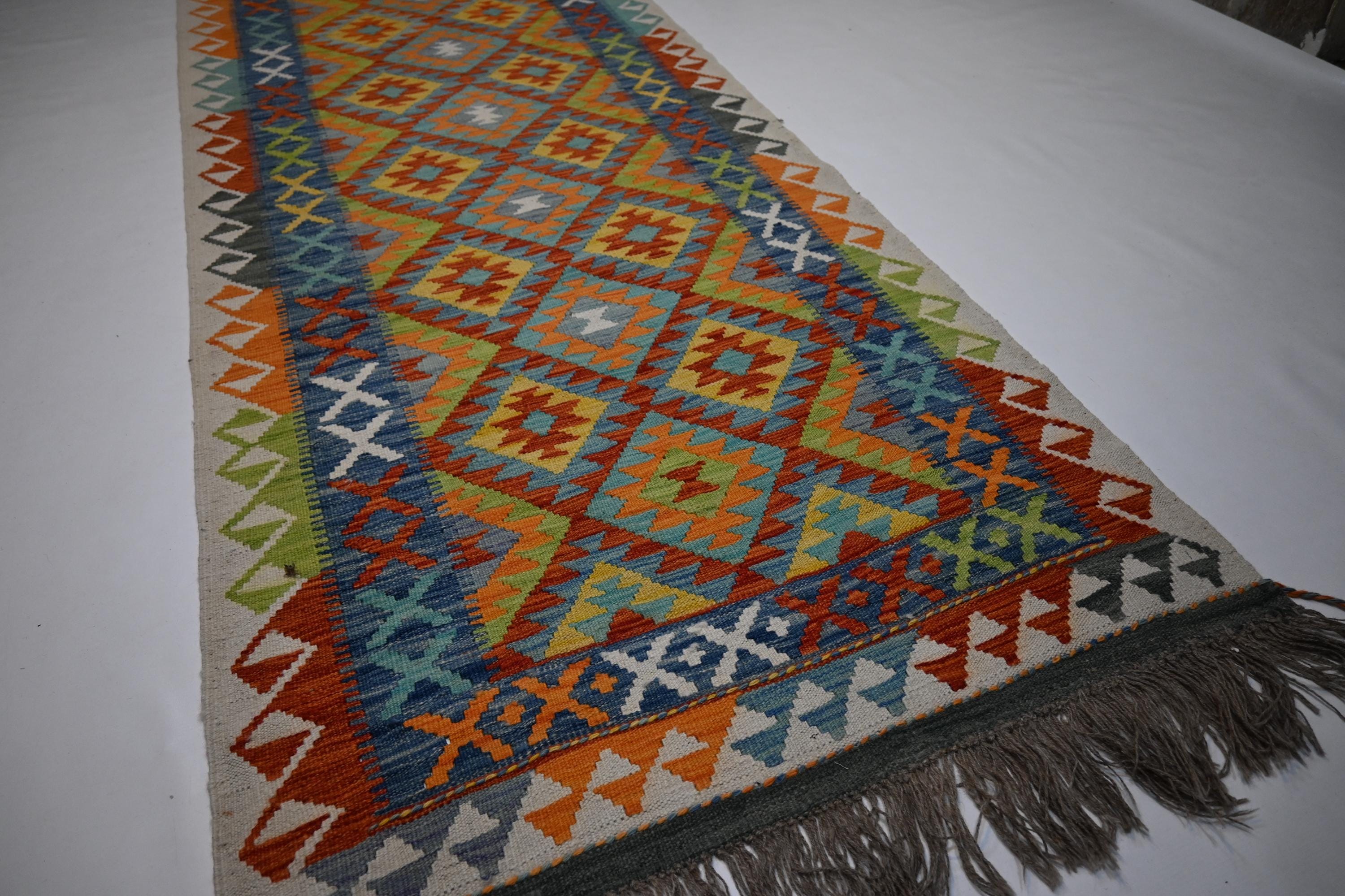 Handmade Afghan Kilim Runner Rug: Geometric Wool Flatweave Hallway Decor