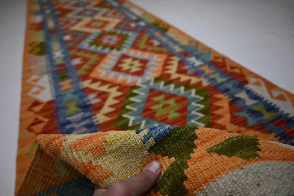 Handmade Afghan Kilim Runner Rug: Geometric Flatweave Wool for Hallways Kitchens