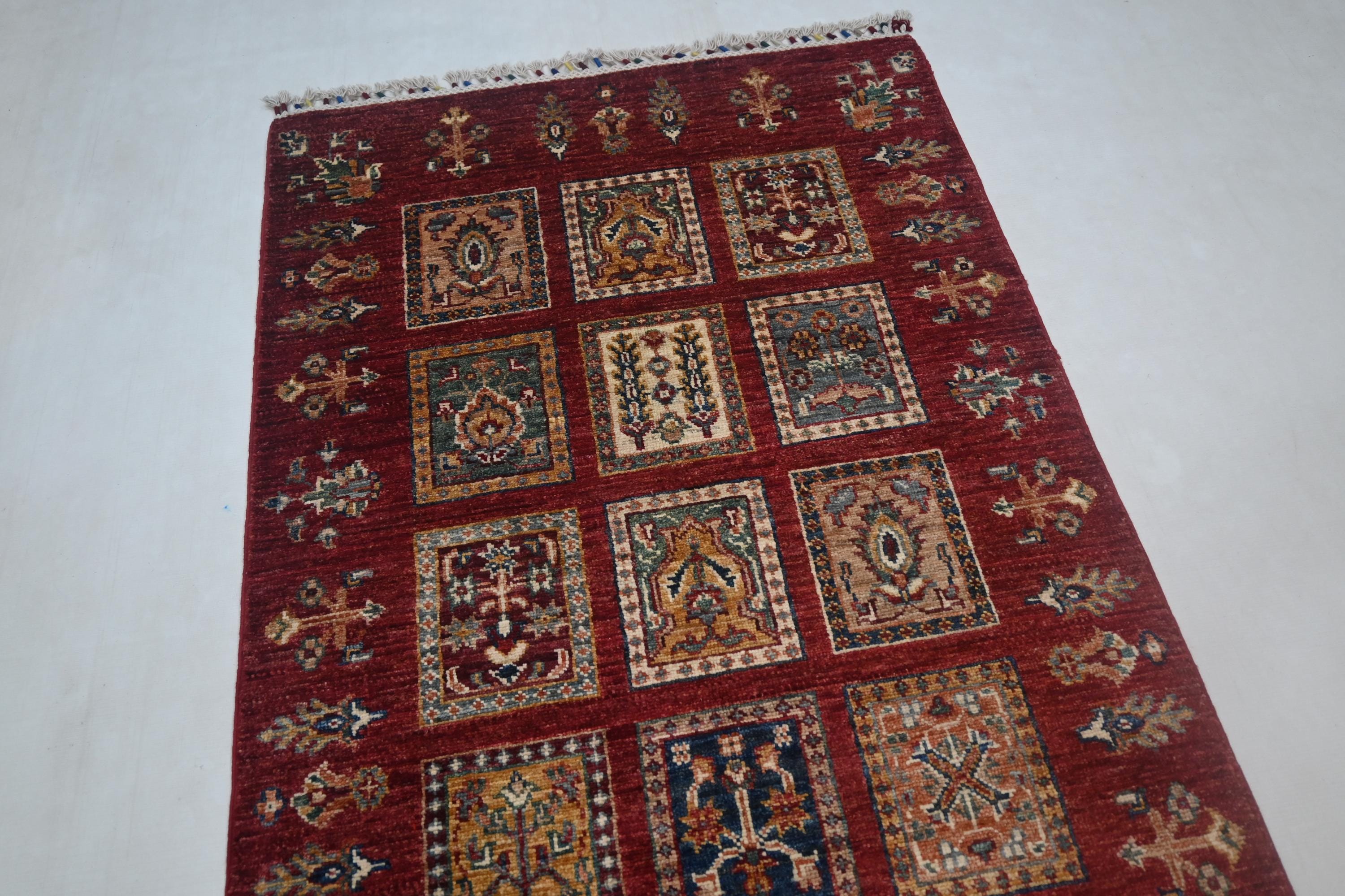 Vibrant Red Bijdar Afghan Runner Rug: 3x10 ft Hand-Knotted Wool Hallway Carpet