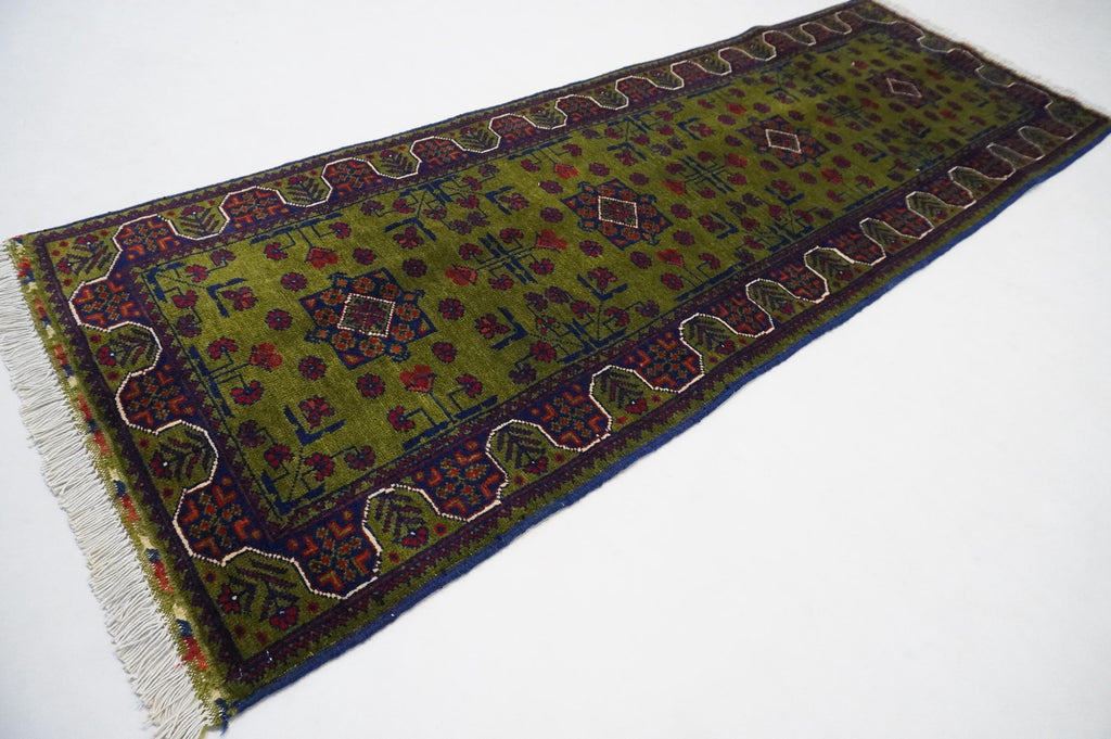 Exquisite Green Bukhara Afghan Hand-Knotted Wool Runner Rug 2'5x6'10 ft