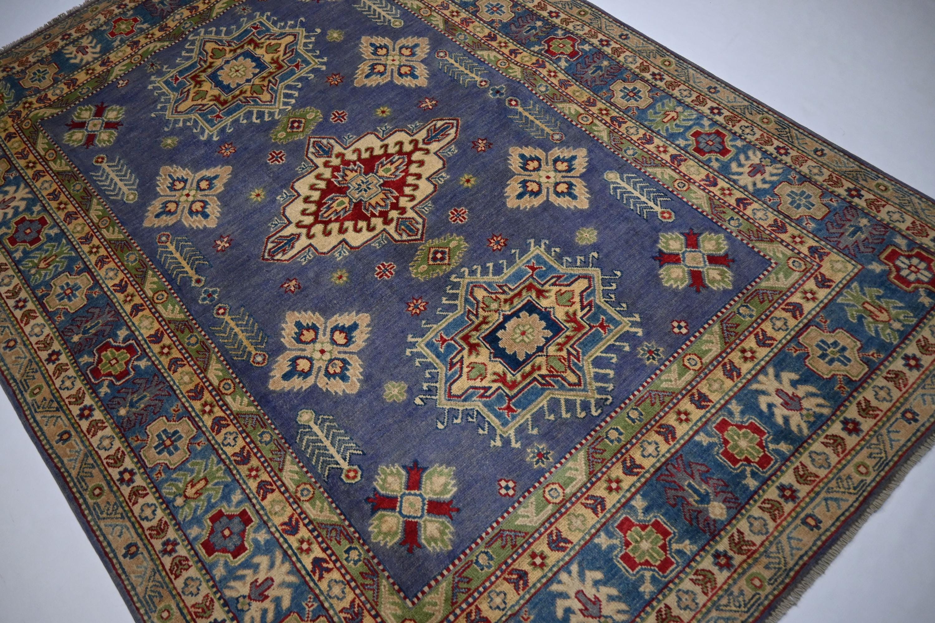 Exquisite 6x8 Purple Kazak Hand-Knotted Wool Rug: Turkish Geometric Area Masterpiece