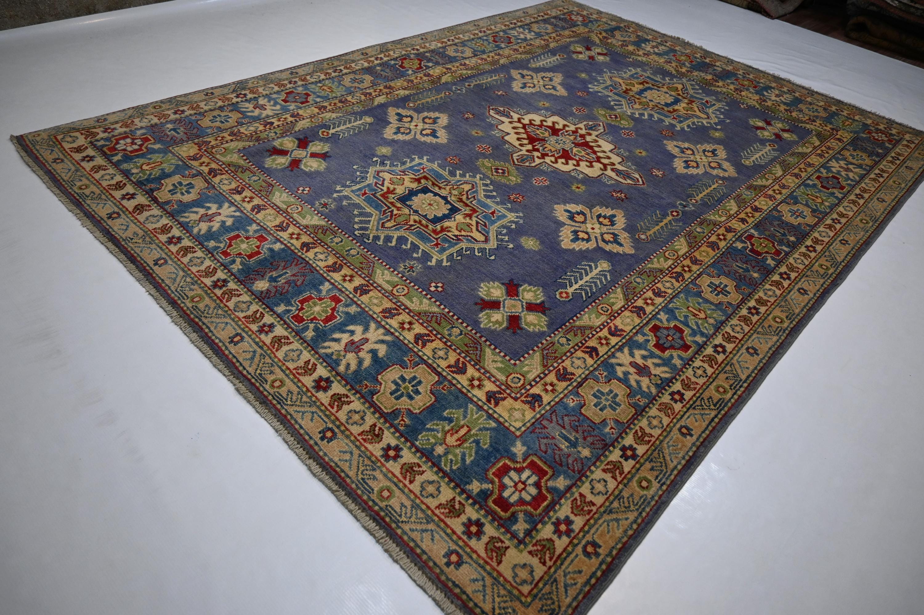 Exquisite 6x8 Purple Kazak Hand-Knotted Wool Rug: Turkish Geometric Area Masterpiece