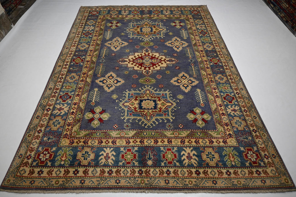Exquisite 6x8 Purple Kazak Hand-Knotted Wool Rug: Turkish Geometric Area Masterpiece