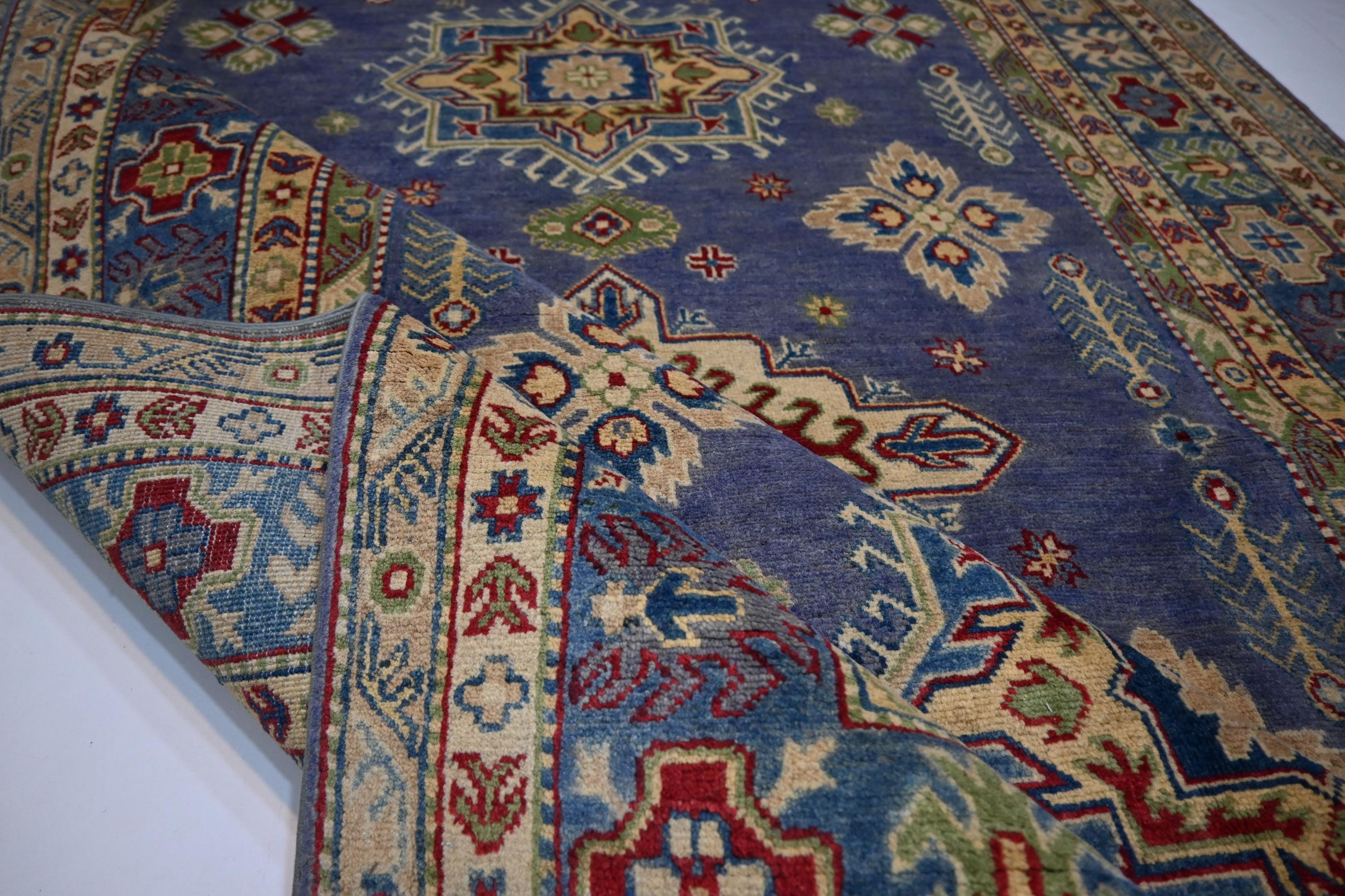 Exquisite 6x8 Purple Kazak Hand-Knotted Wool Rug: Turkish Geometric Area Masterpiece