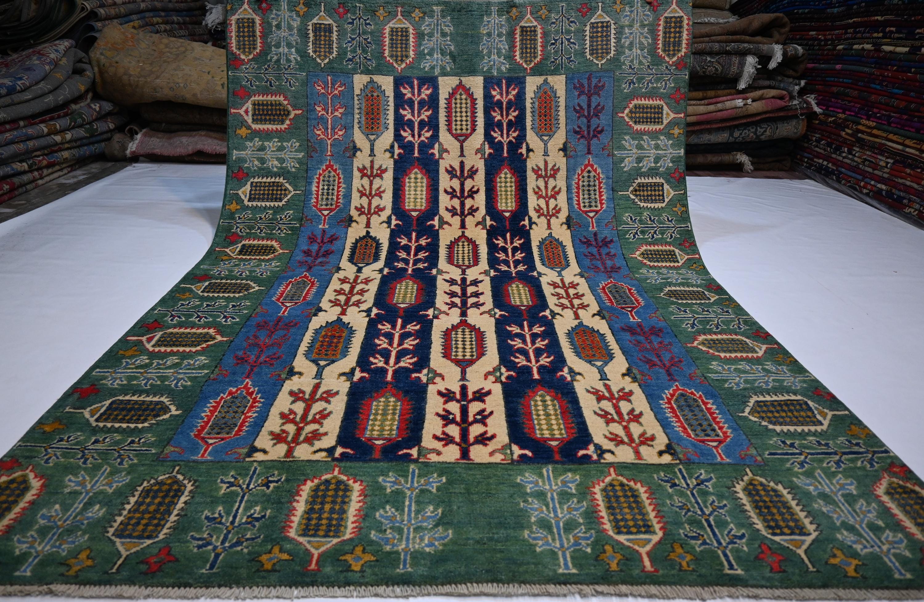 5x7 Hand-Knotted Afghan Wool Rug: Green Blue Beige Navy Geometric Floral Design