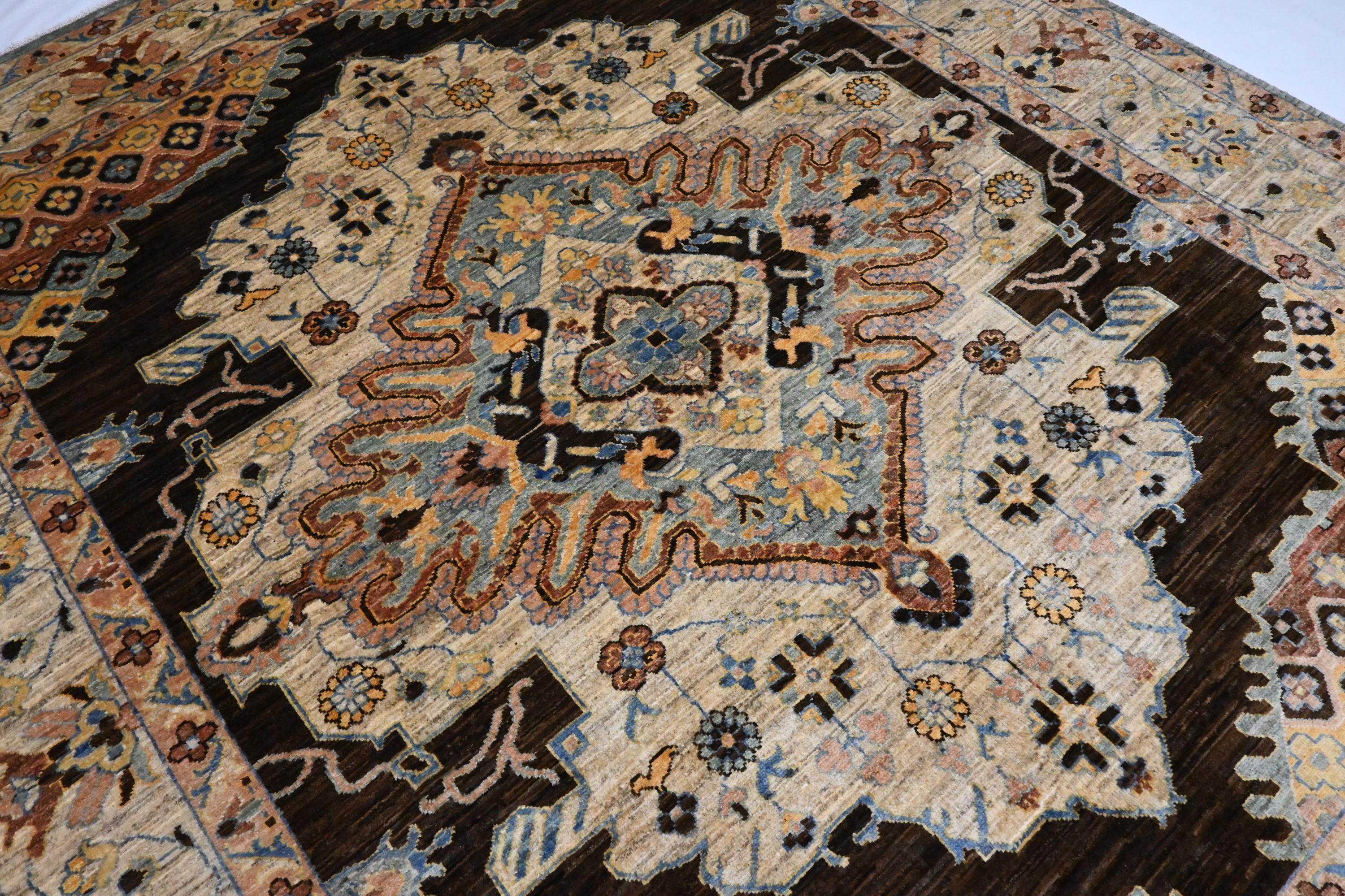 8x10 Handmade Afghan Heriz Wool Rug – Turkmen Medallion, Organic Dyes