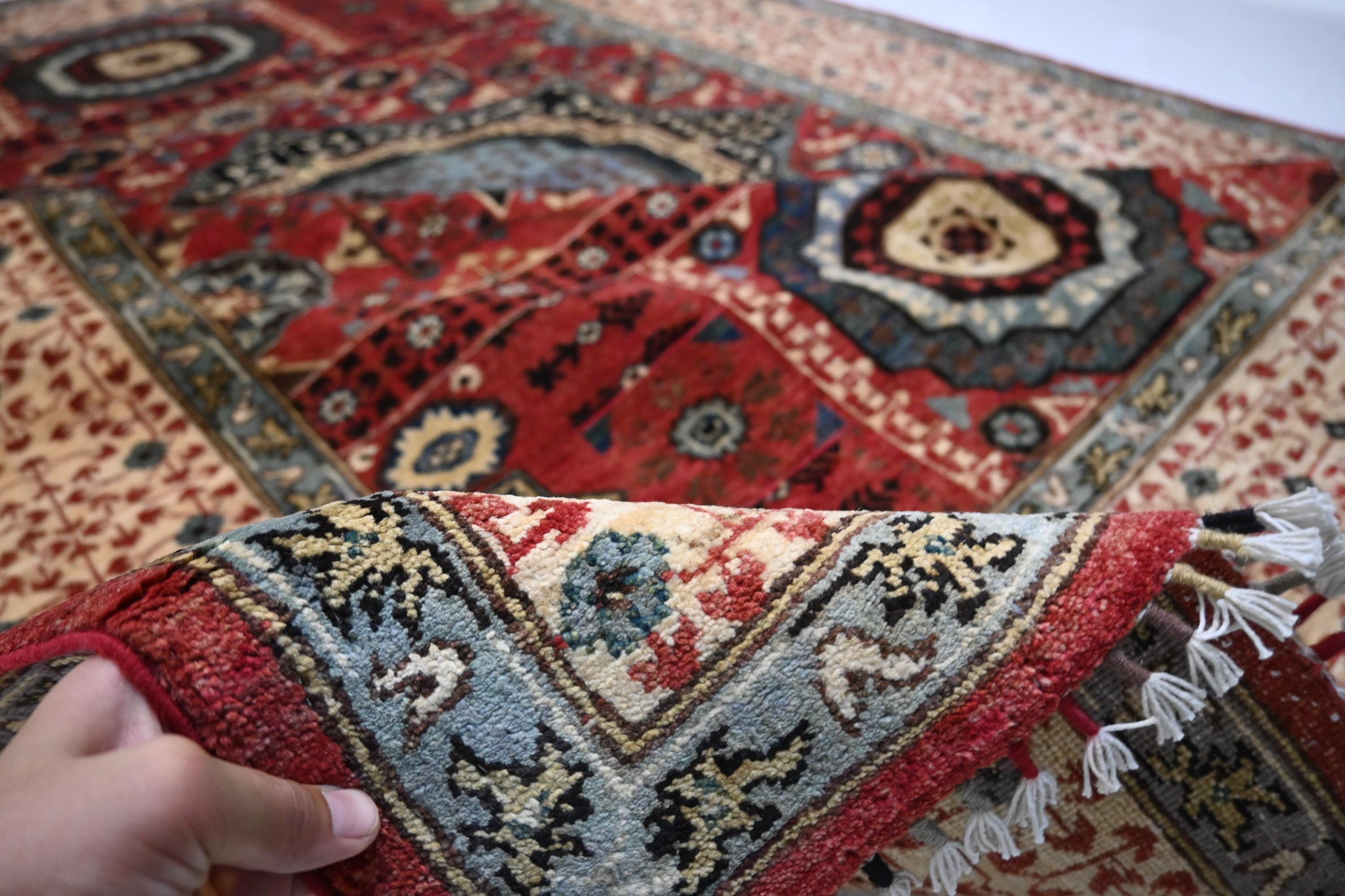 Luxurious Afghan Turkmen Red Mamluk Wool Area Rug 6'7"x9'7" Hand-Knotted