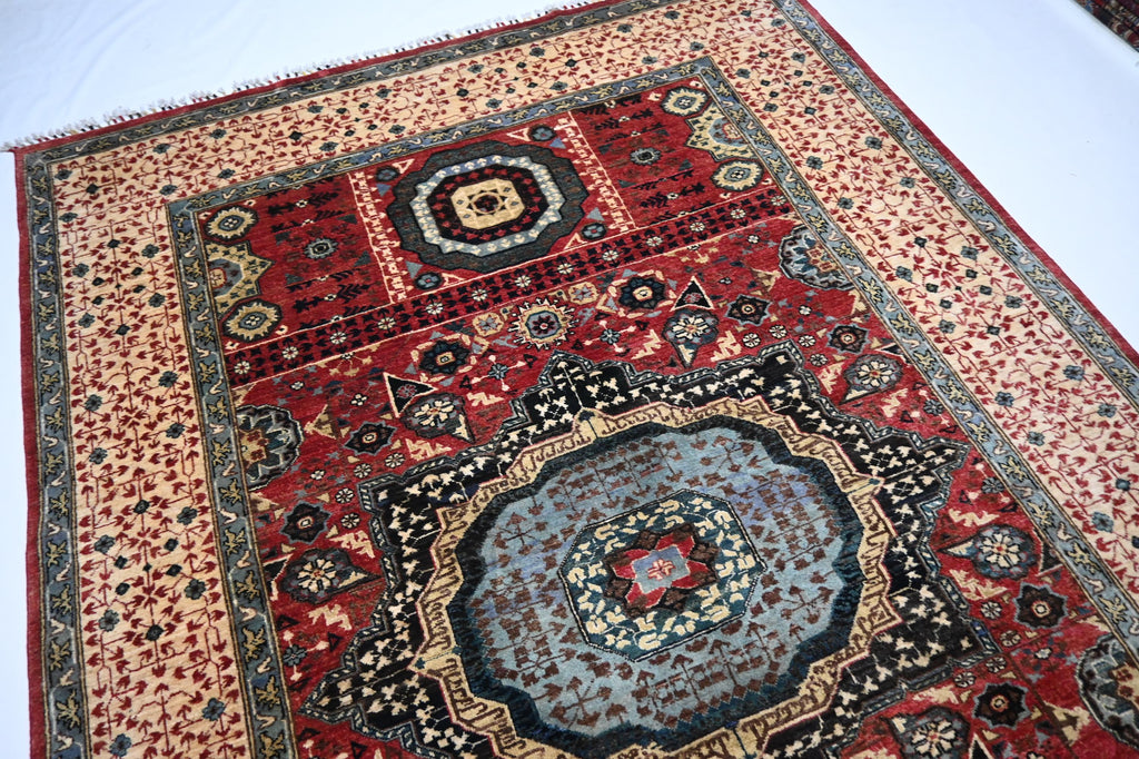 Luxurious Afghan Turkmen Red Mamluk Wool Area Rug 6'7"x9'7" Hand-Knotted