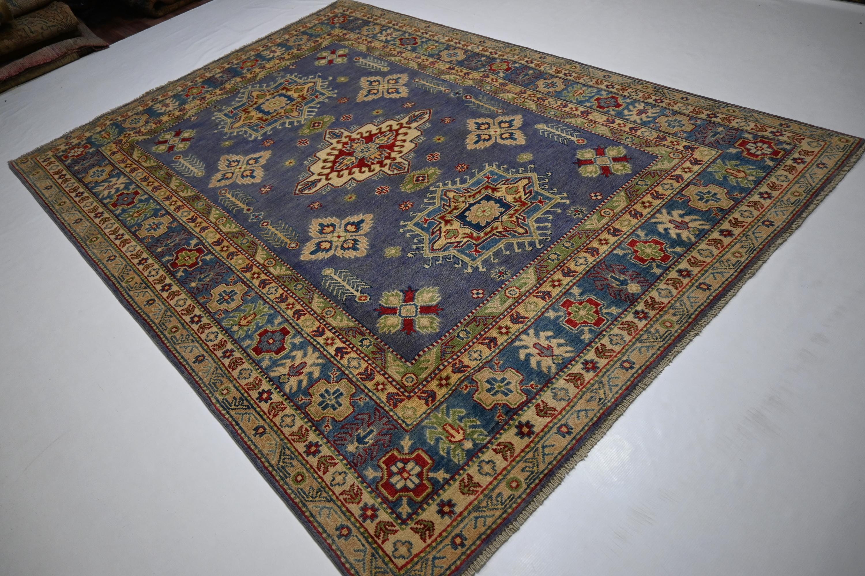 Exquisite 6x8 Purple Kazak Hand-Knotted Wool Rug: Turkish Geometric Area Masterpiece