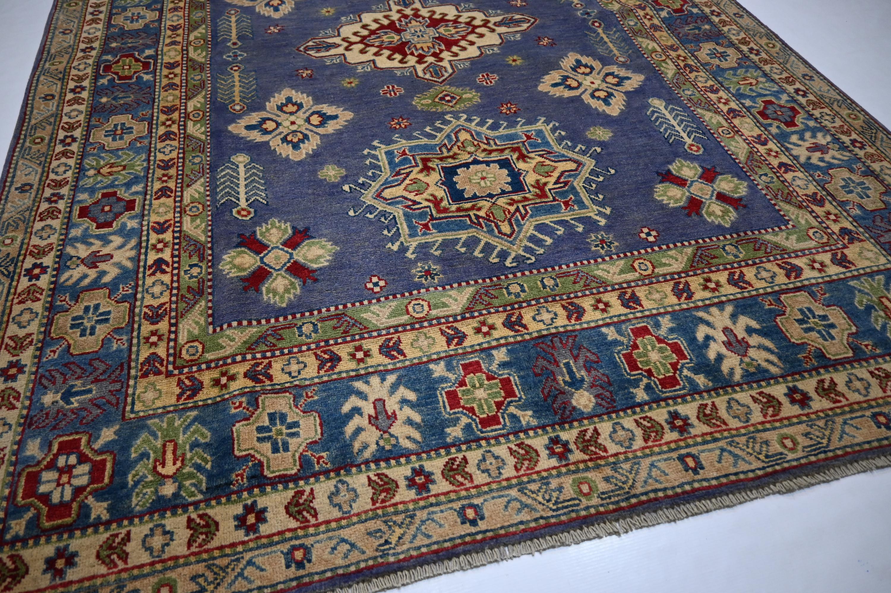 Exquisite 6x8 Purple Kazak Hand-Knotted Wool Rug: Turkish Geometric Area Masterpiece