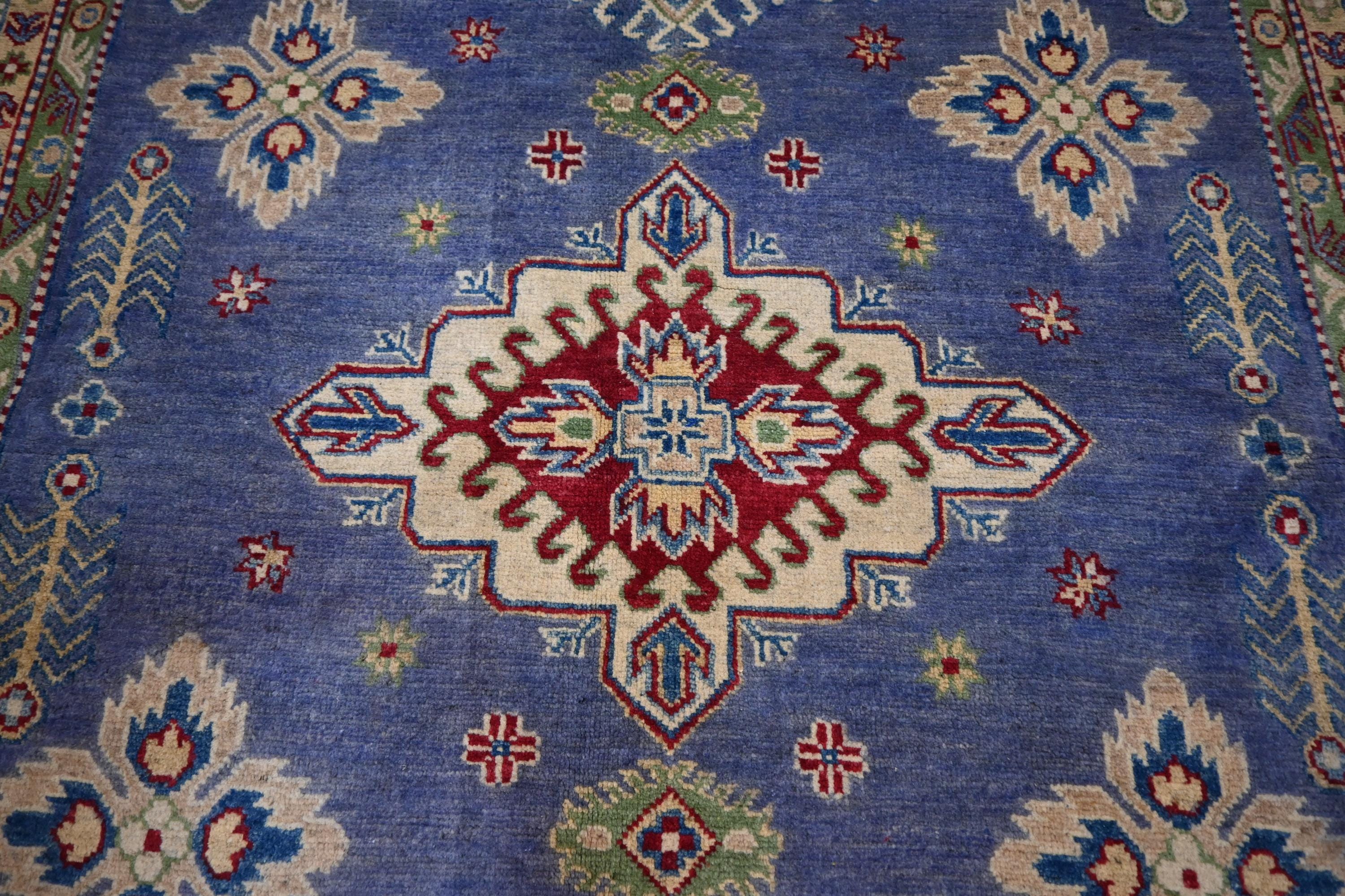 Exquisite 6x8 Purple Kazak Hand-Knotted Wool Rug: Turkish Geometric Area Masterpiece