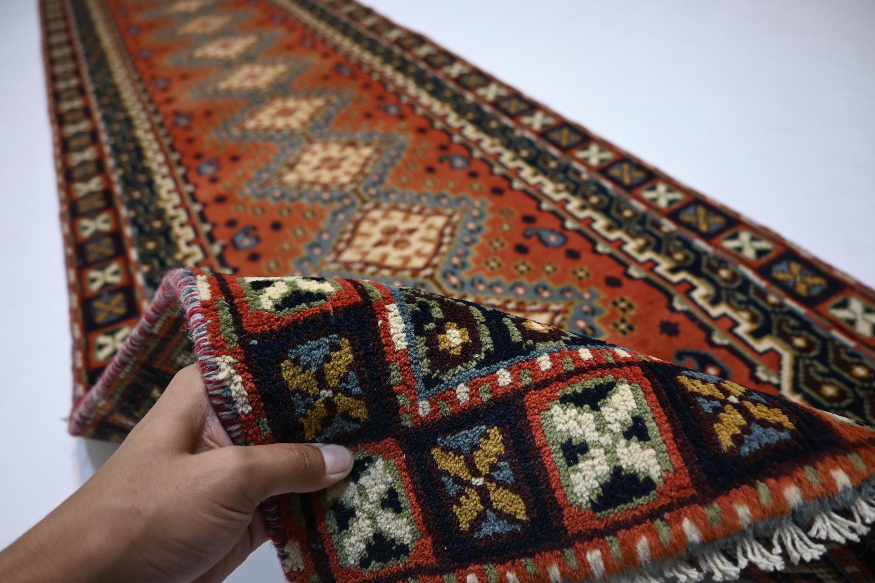 1940s Antique Afghan Handmade Wool Rug Runner - Orange Gray Turkmen Oriental
