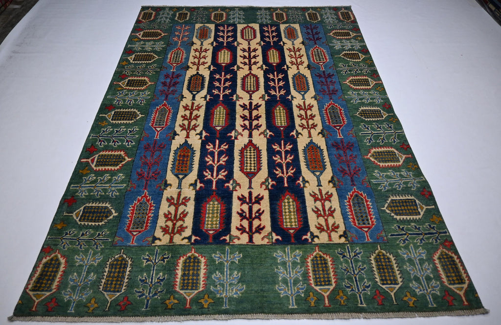 5x7 Hand-Knotted Afghan Wool Rug: Green Blue Beige Navy Geometric Floral Design