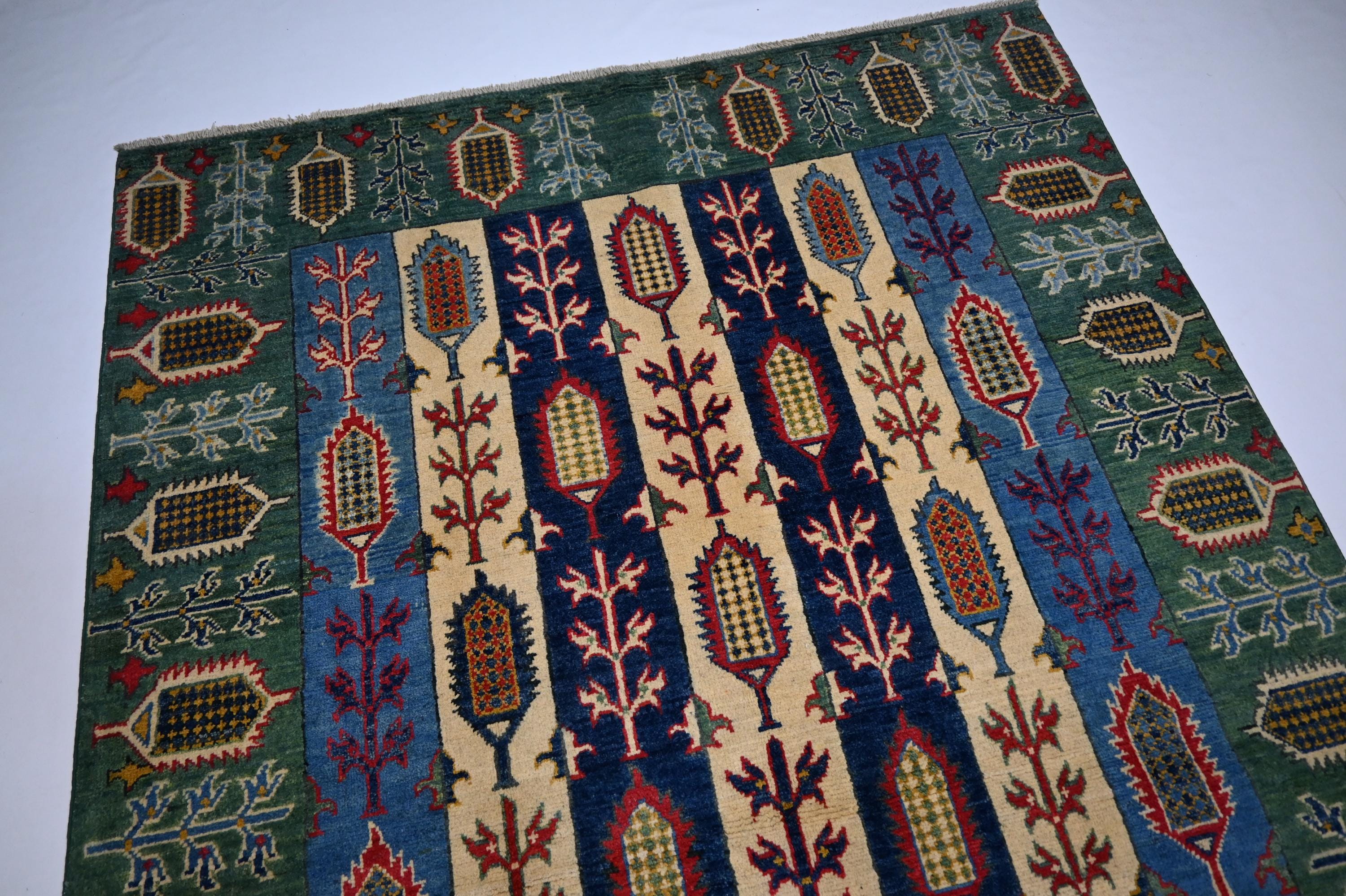 5x7 Hand-Knotted Afghan Wool Rug: Green Blue Beige Navy Geometric Floral Design