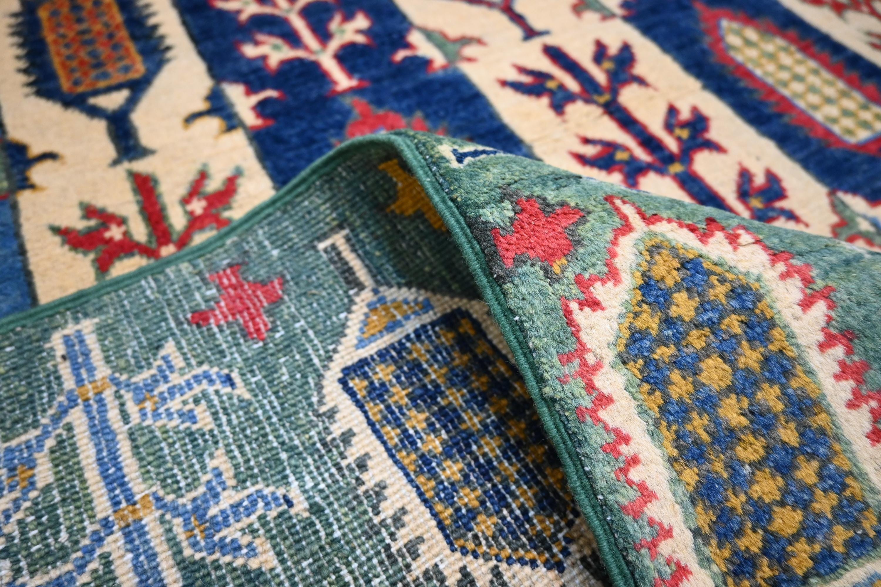 5x7 Hand-Knotted Afghan Wool Rug: Green Blue Beige Navy Geometric Floral Design