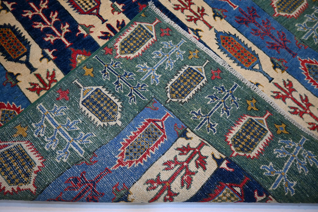 5x7 Hand-Knotted Afghan Wool Rug: Green Blue Beige Navy Geometric Floral Design