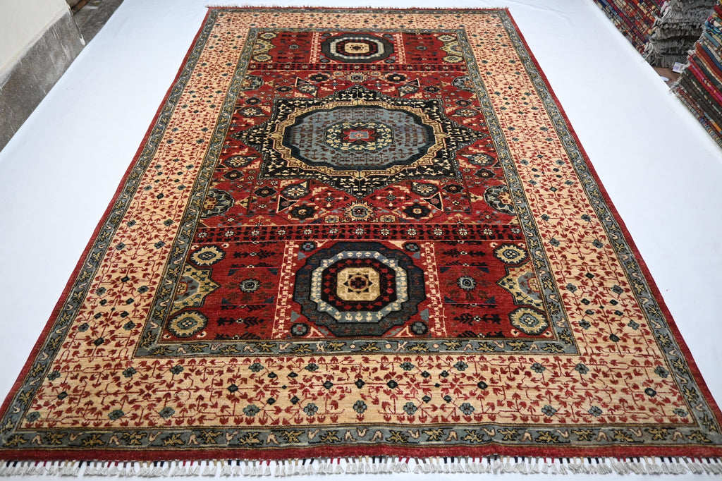 Luxurious Afghan Turkmen Red Mamluk Wool Area Rug 6'7"x9'7" Hand-Knotted