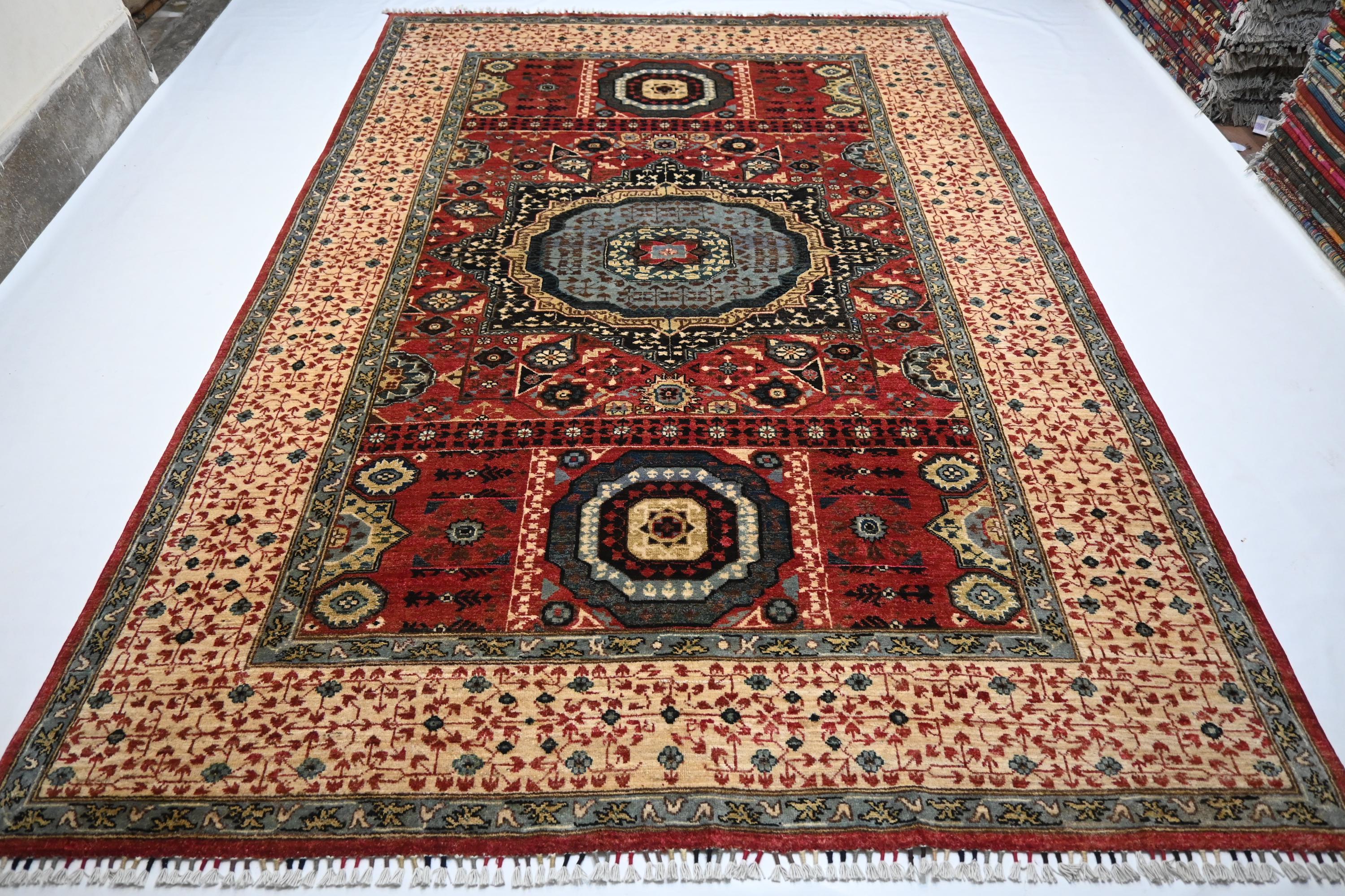 Luxurious Afghan Turkmen Red Mamluk Wool Area Rug 6'7"x9'7" Hand-Knotted